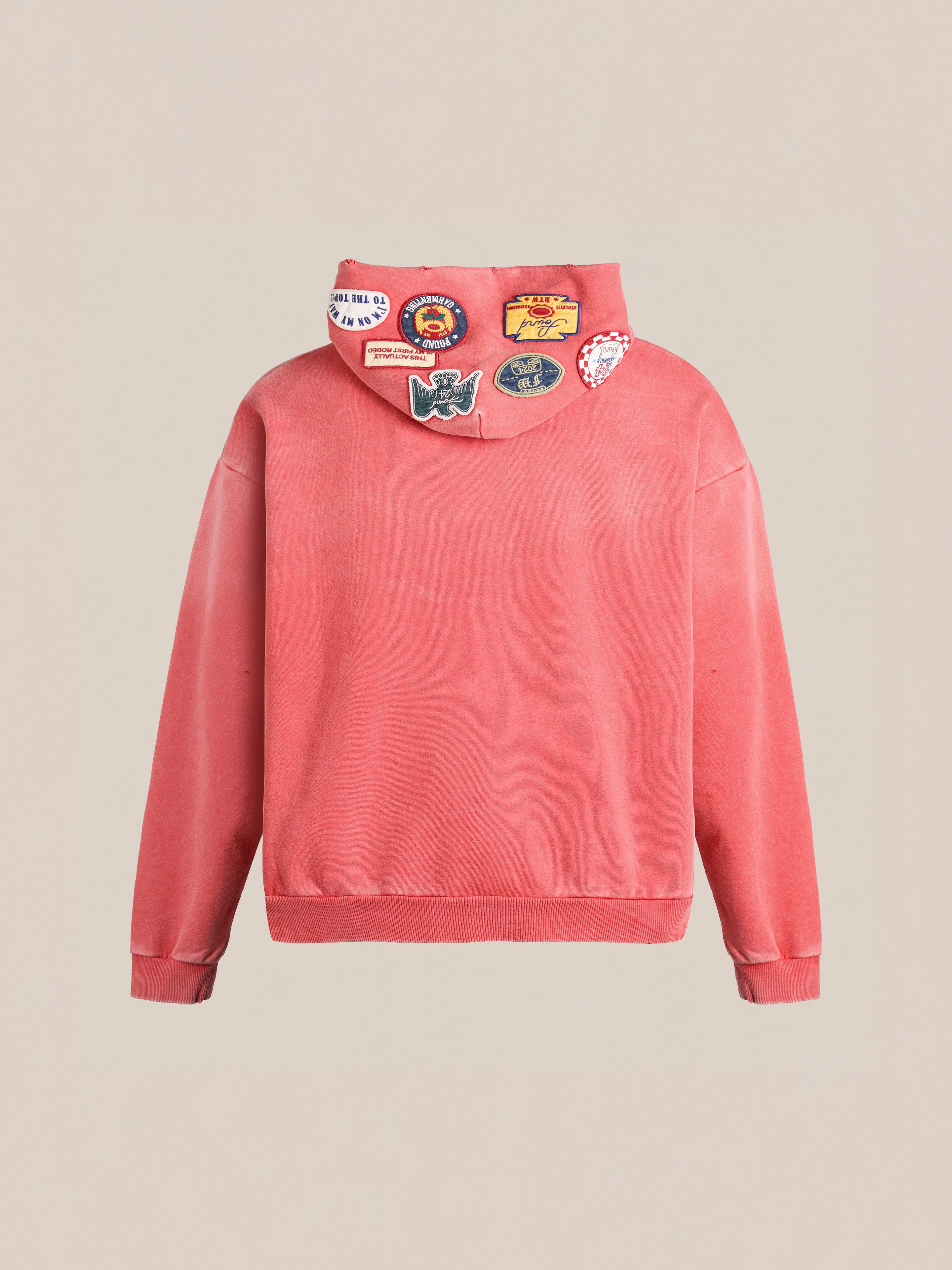Introducing the vintage-inspired pink Multi Patch Hoodie by FOUND—unisex and styled with vibrant colorful patches on the hood's back.
