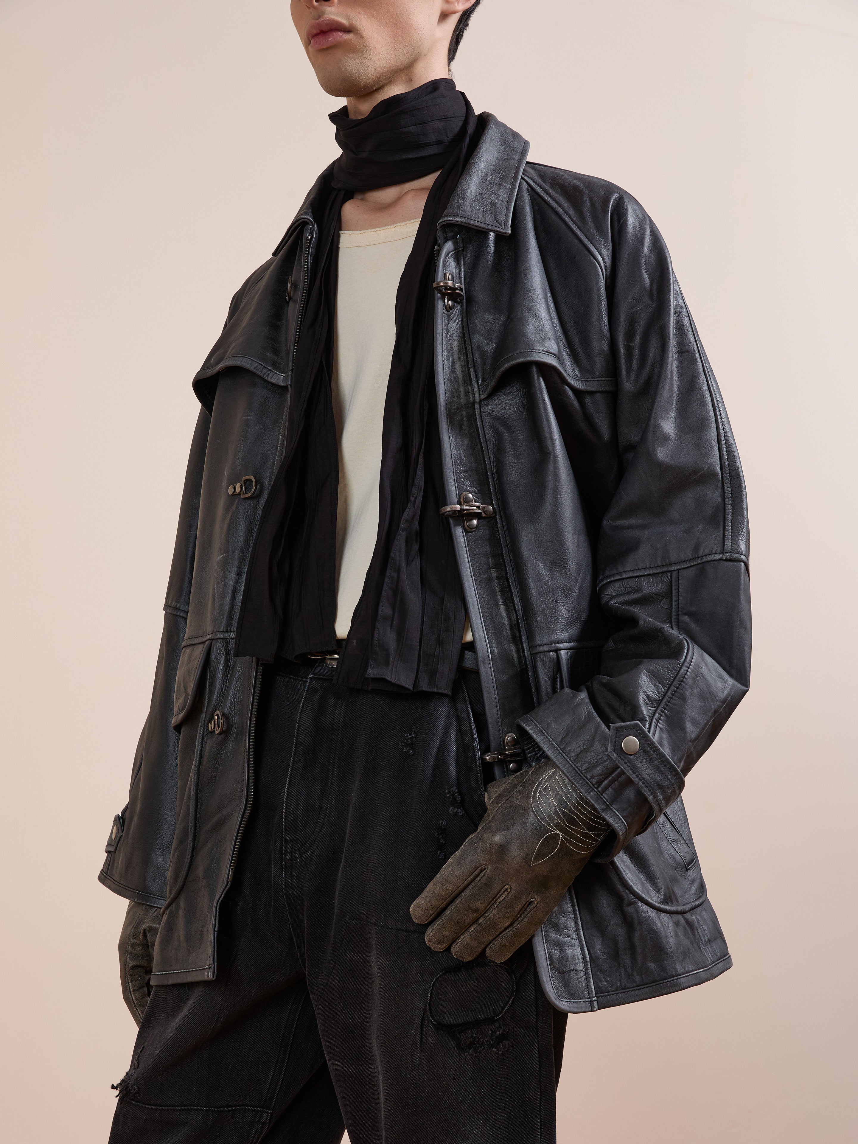 Distressed Leather Fireman Clasp Jacket