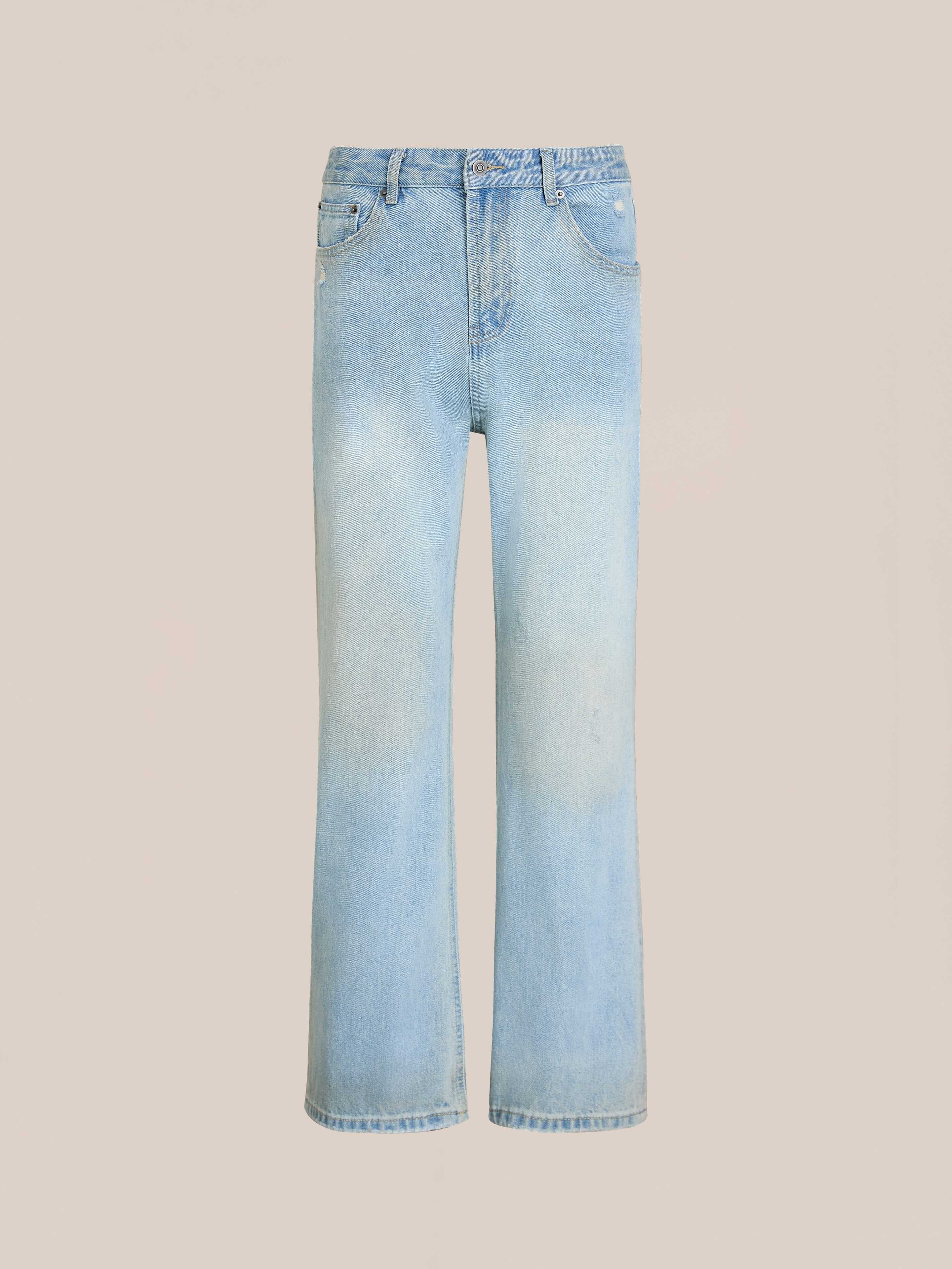Found Flare Jeans in light blue denim with a high waist, front and back pockets, and subtle distressed hems, shown against a plain beige background.