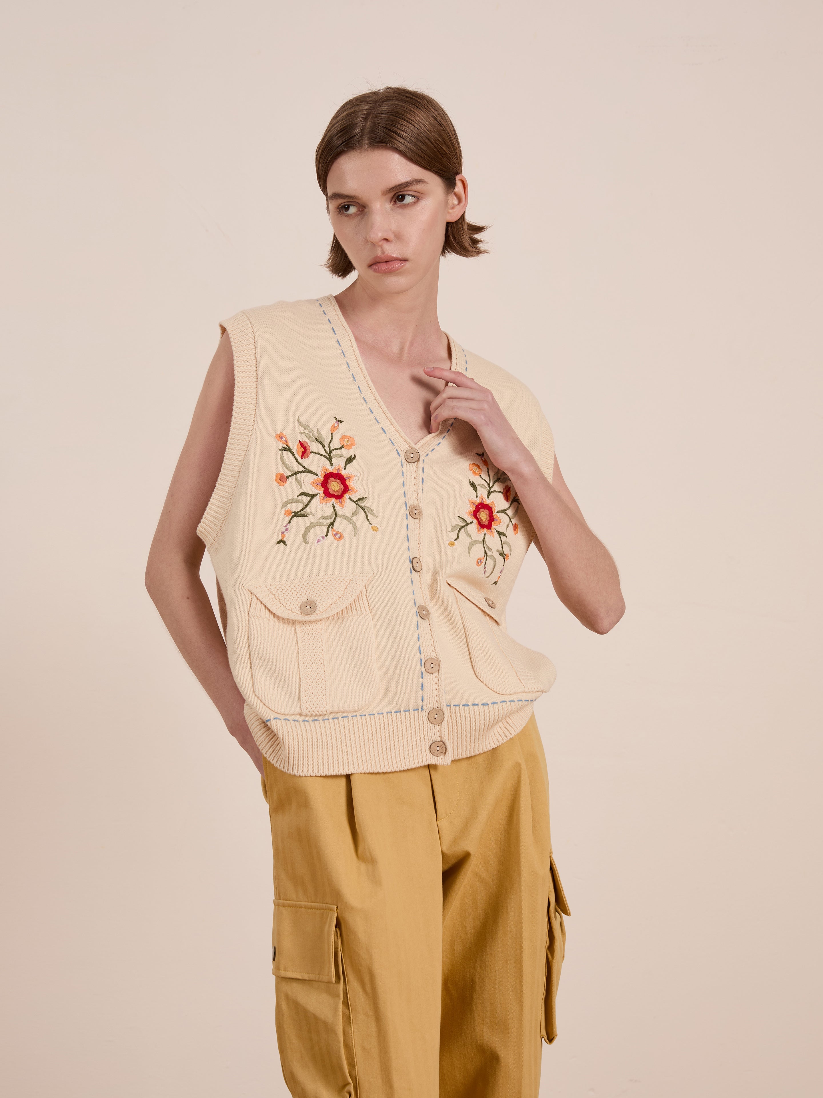 Floral Embroidered Knit Vest