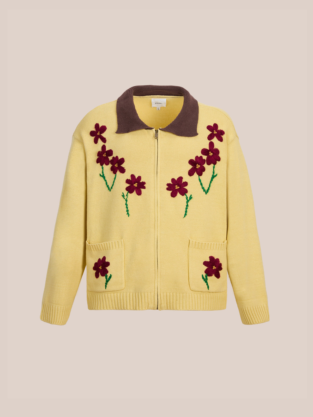 FOUND Floral Sun Knit Sweater: Yellow zip-up vintage cardigan with a brown collar, two front pockets, and red floral embroidery on chest and pockets.