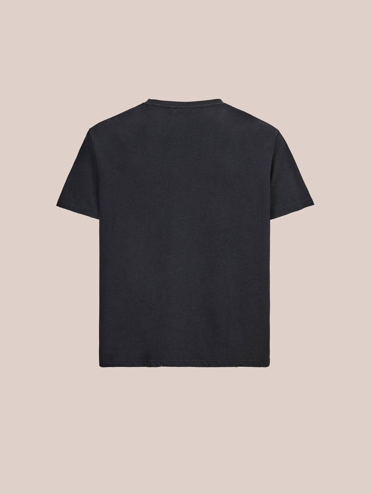 The Fruit Co Tee by FOUND, a relaxed fit unisex black short-sleeve shirt, is shown flat from the back on a light beige background.