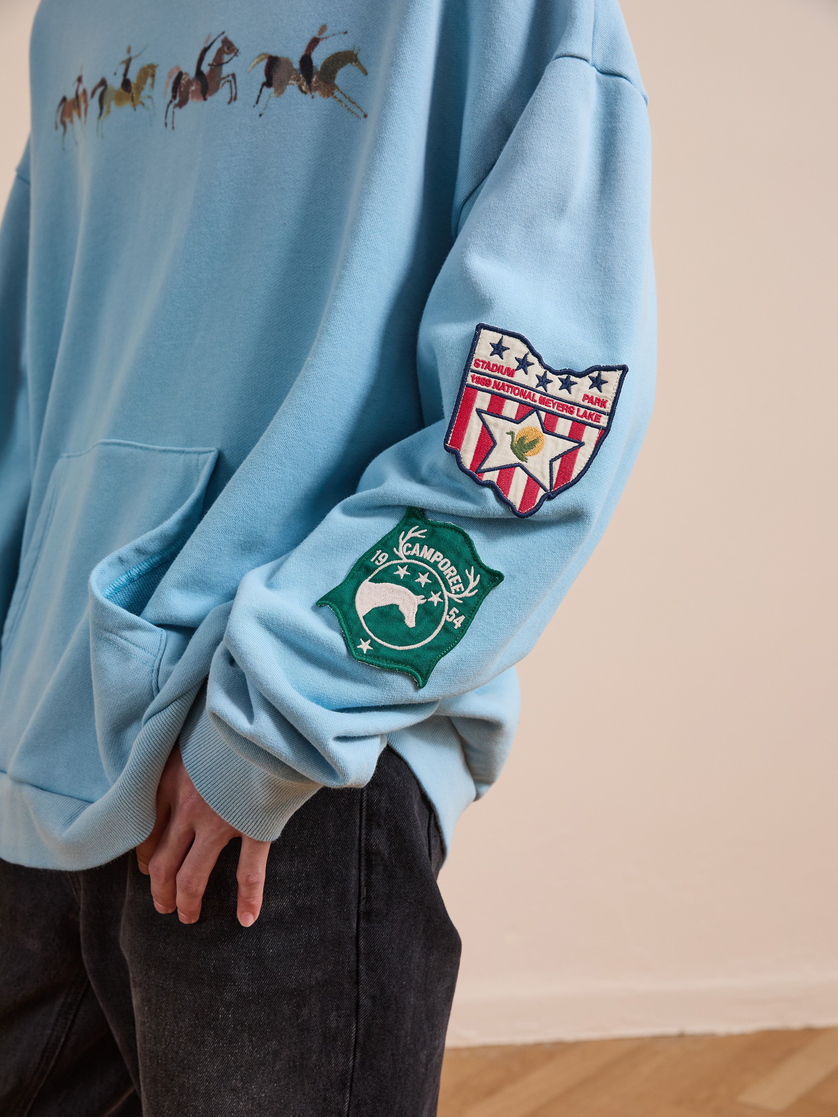 A person wears the FOUND Horse Line Hoodie in light blue French Terry cotton, featuring embroidered sleeve patches and horse graphics on the chest, with one hand in the front pocket.