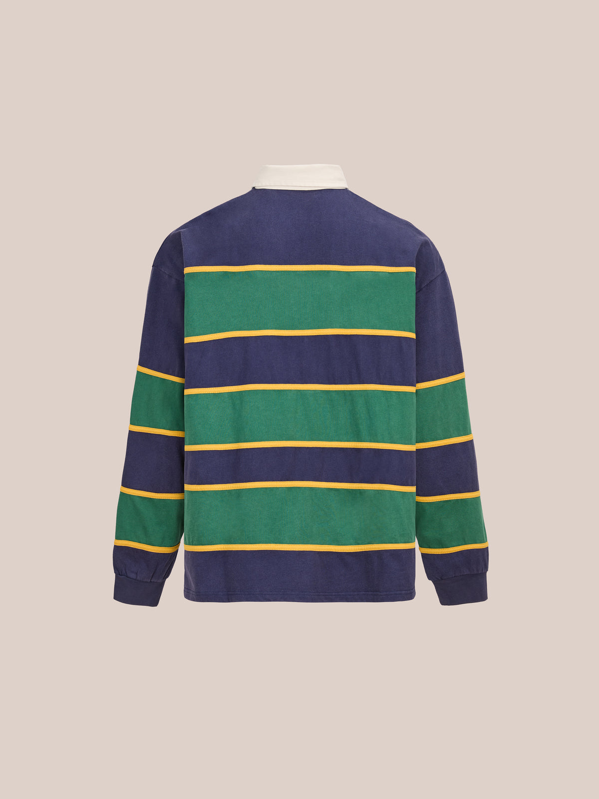 FOUND Horse Logo Rugby: long-sleeve unisex shirt with navy, green, and yellow stripes, white collar; shown from the back on a beige background.