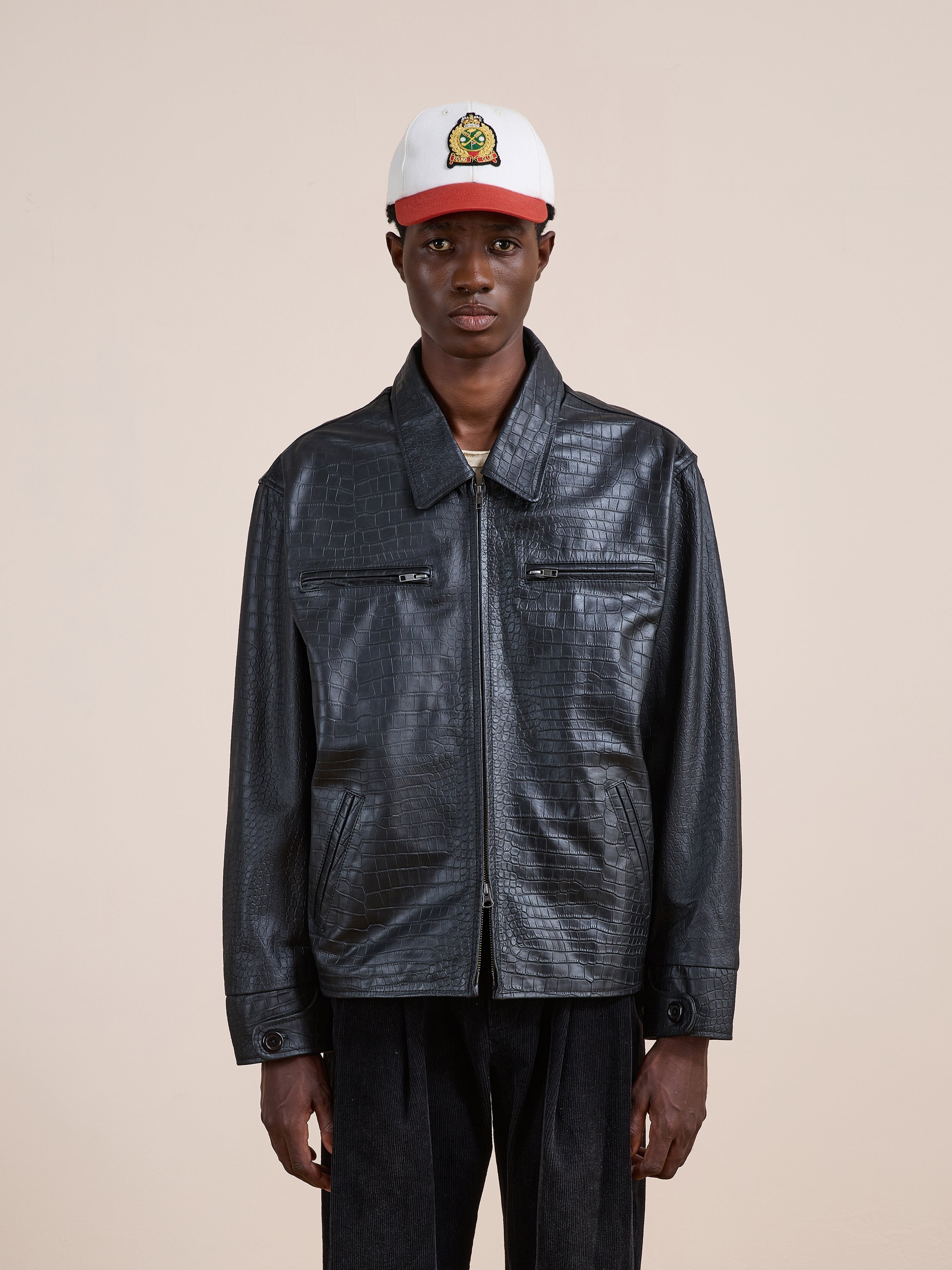 Marlboro Croc Embossed Leather Racer Jacket