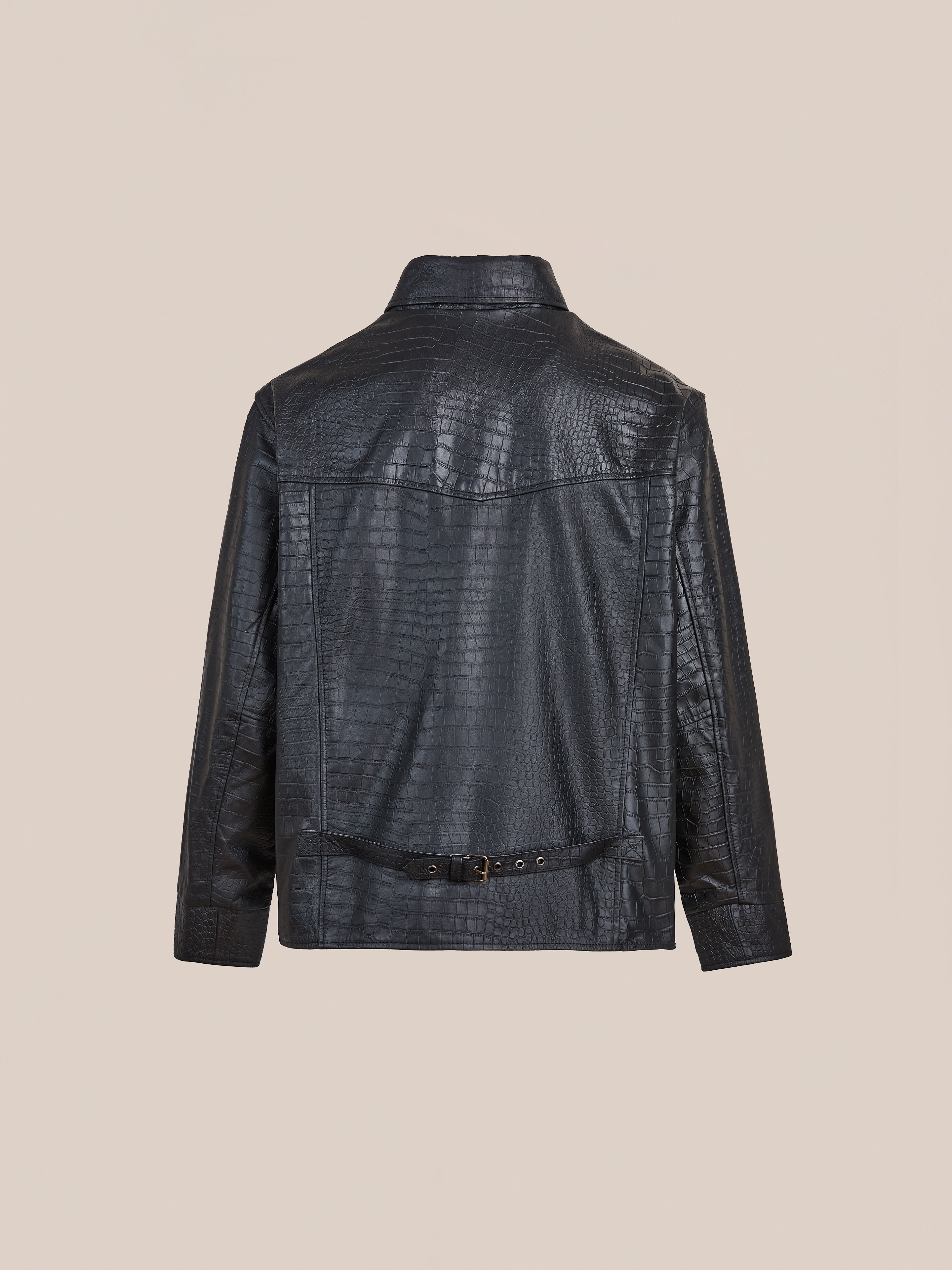 The FOUND Marlboro Croc Embossed Leather Racer Jacket, featuring a unisex relaxed fit and belted waist detail, is shown from the back on a beige background.