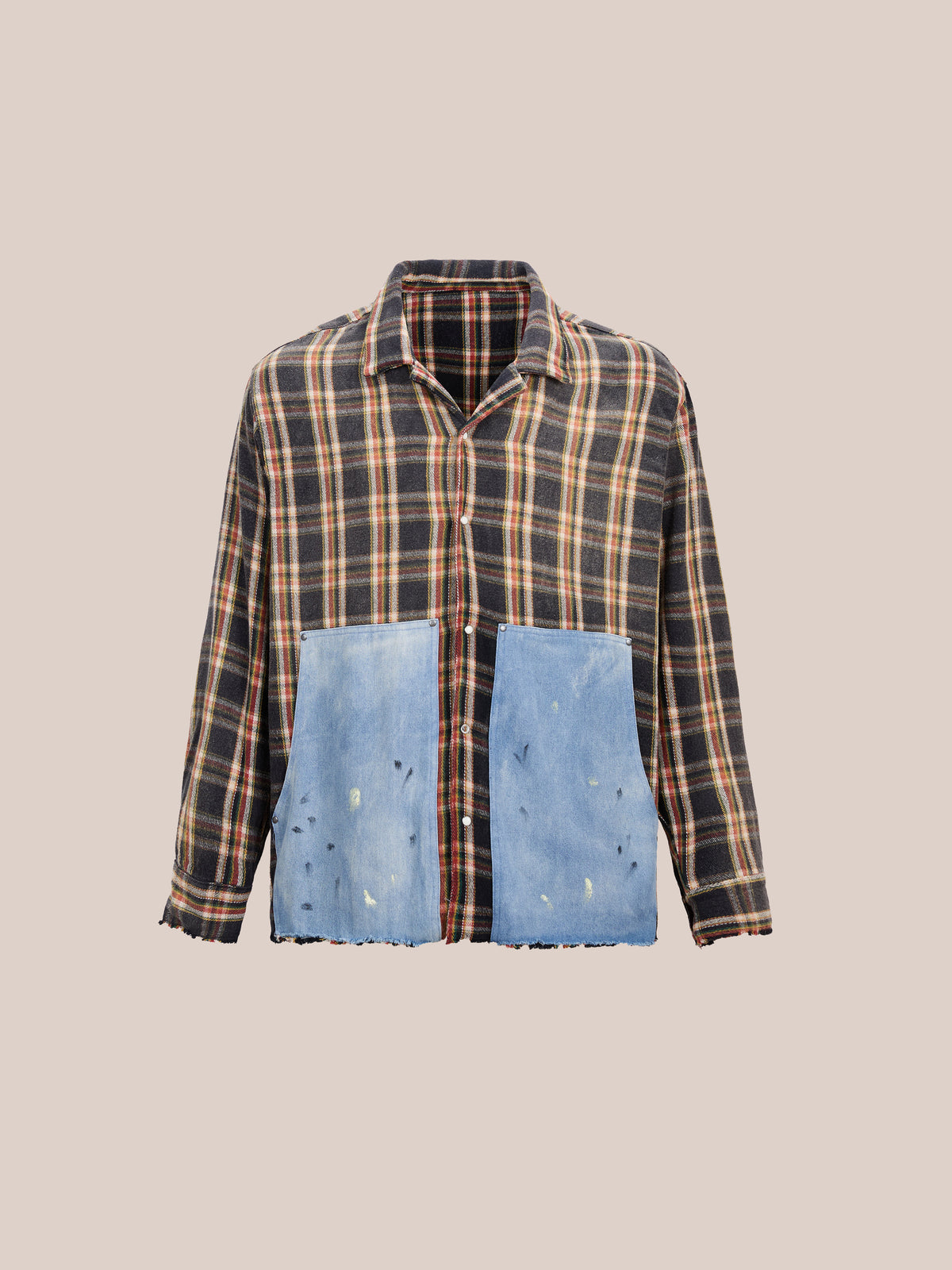 The FOUND Plaid Denim Shirt features a unisex relaxed fit, two large light blue denim pockets, and a frayed hem, shown on a neutral background.