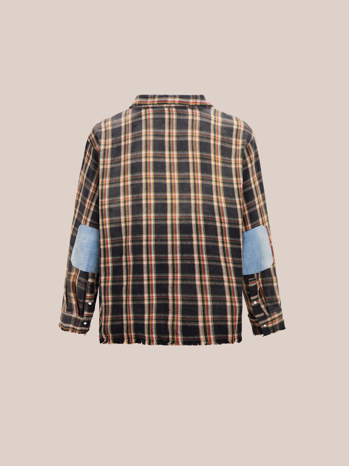 Back view of the Plaid Denim Shirt by FOUND: unisex relaxed fit with dark, orange, and cream checks, blue denim elbow patches, and a straight hem.