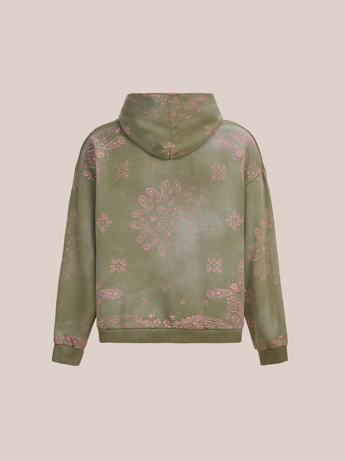FOUND Printed Paisley Hoodie in olive green with a pink paisley design, unisex pullover shown from the back on a plain light background.