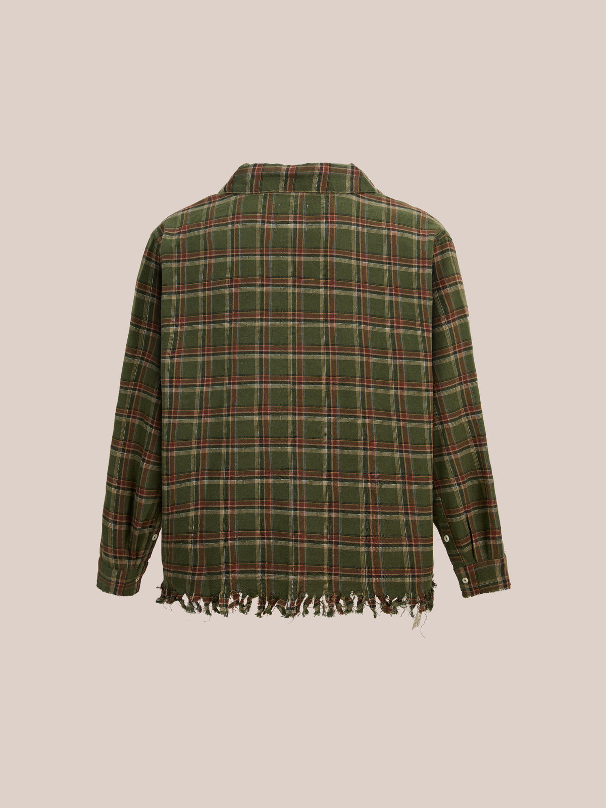 The FOUND Raw Cut Fringe Plaid Camp Shirt features a green plaid, long sleeves, frayed hem, and is shown from the back on a plain beige background.