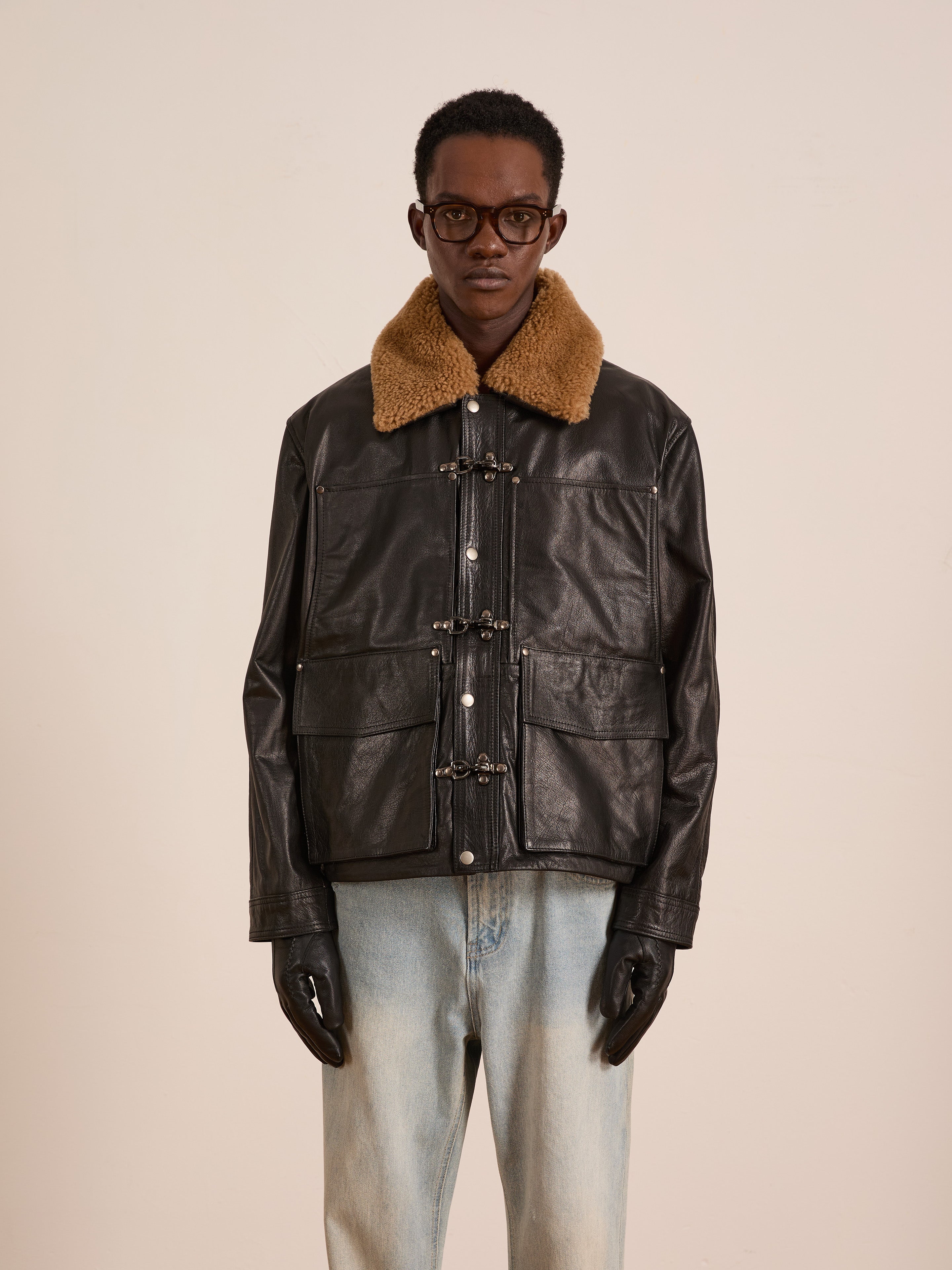 Sherpa Collar Leather Utility Jacket