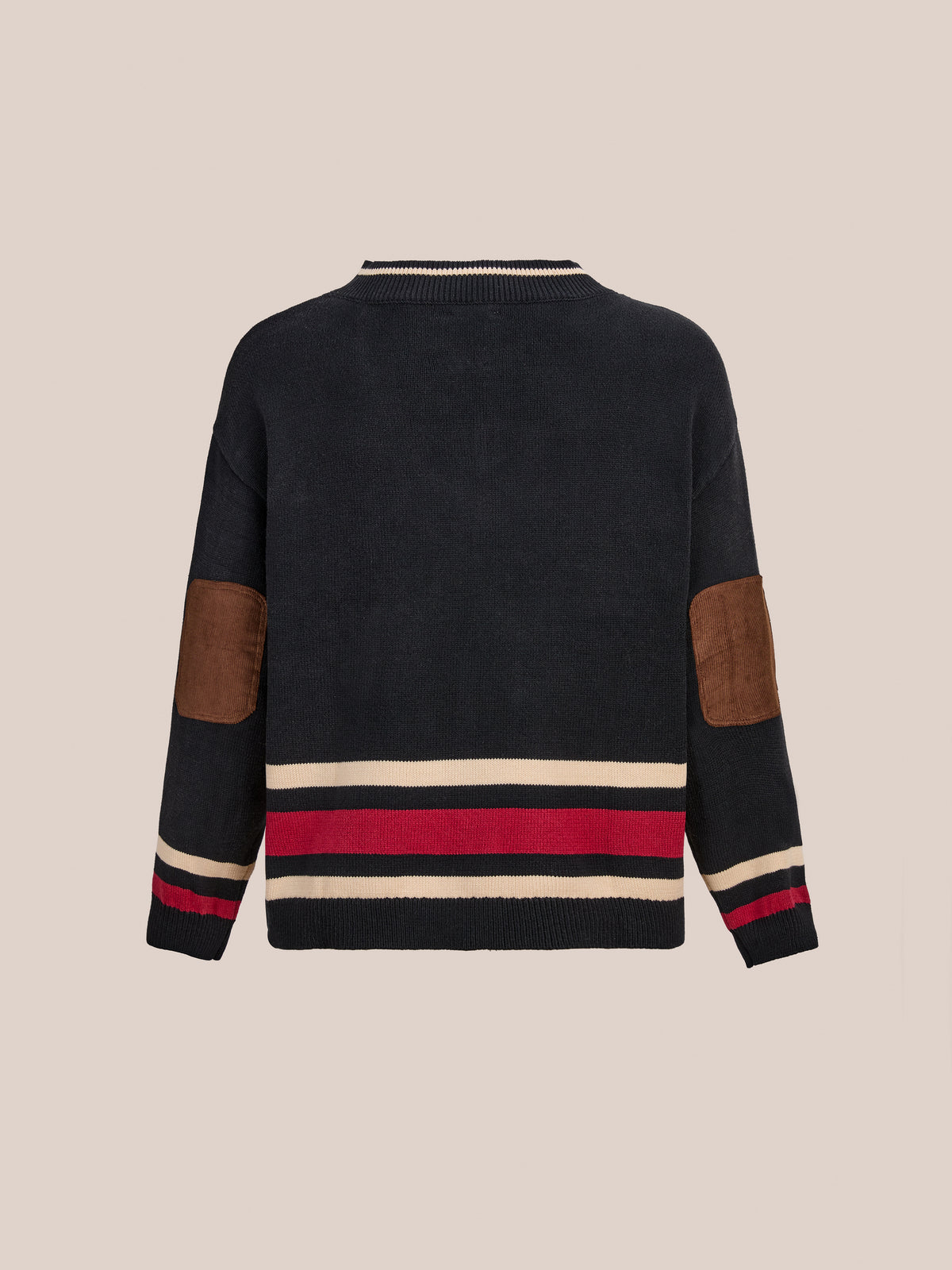 The FOUND Sport Club Varsity Sweater features black knit with beige and red stripes, brown suede elbow patches, a beige collar stripe, and a relaxed unisex fit—shown from the back.
