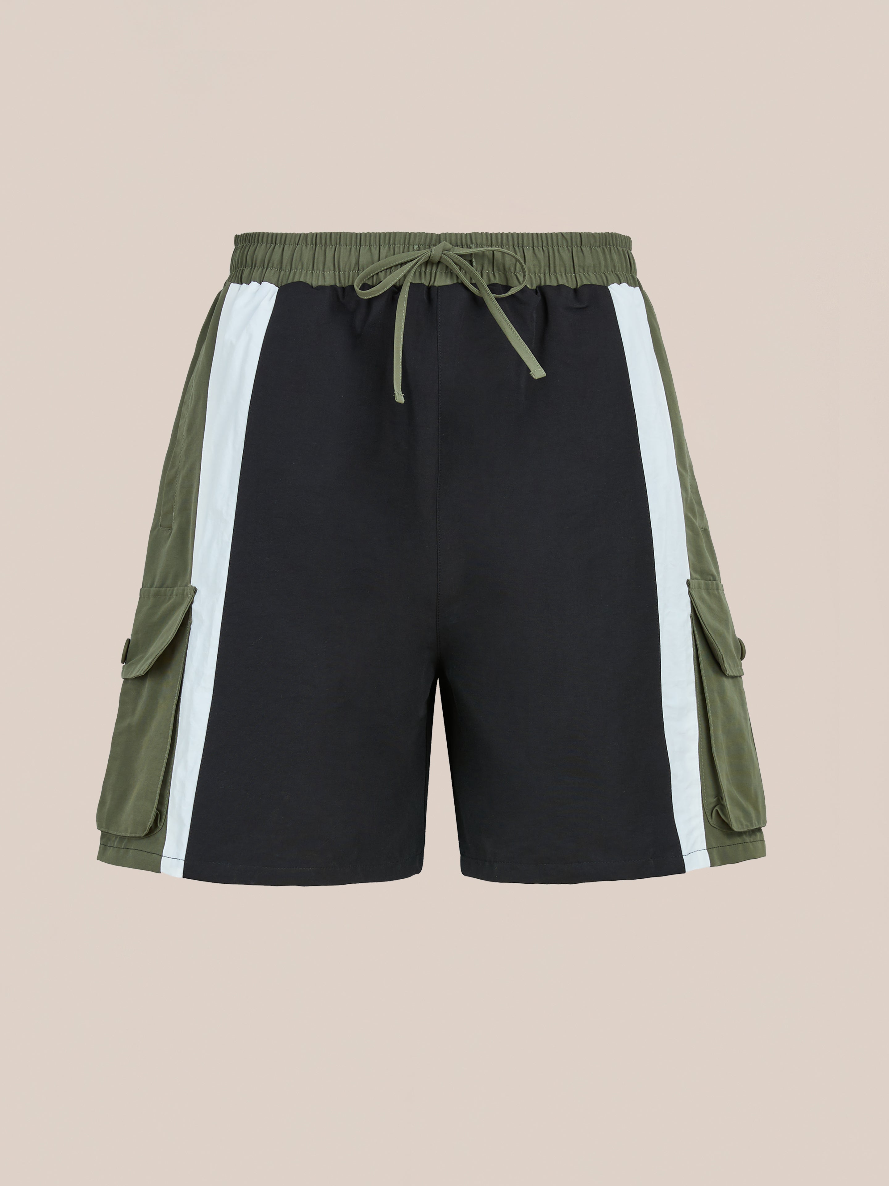 Found Sporting Club Track Shorts for men with black, white, and olive green panels, elastic drawstring waist, and dual cargo pockets, shown on a plain background.