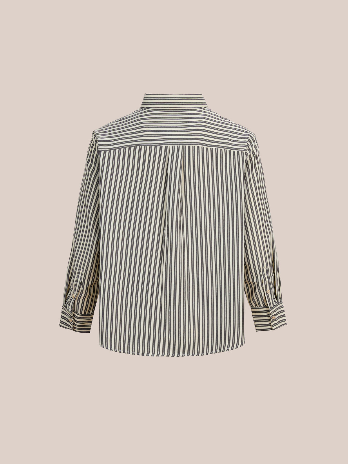 Back view of the Stripe Pocket Oxford Shirt by FOUND, unisex relaxed fit with black and white vertical stripes and a horizontal striped yoke on a plain background.