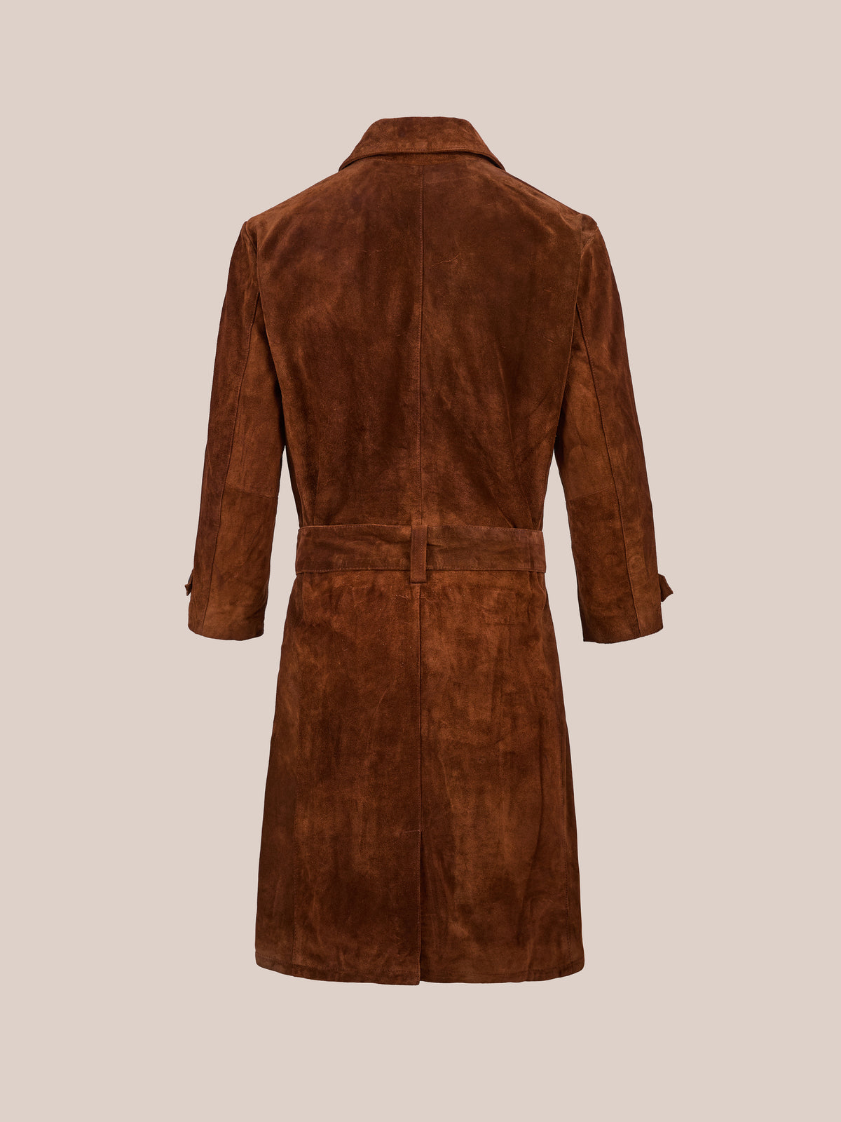 Back view of the FOUND Belted Suede Trench Coat with long sleeves and notched collar, shown on a plain beige background.