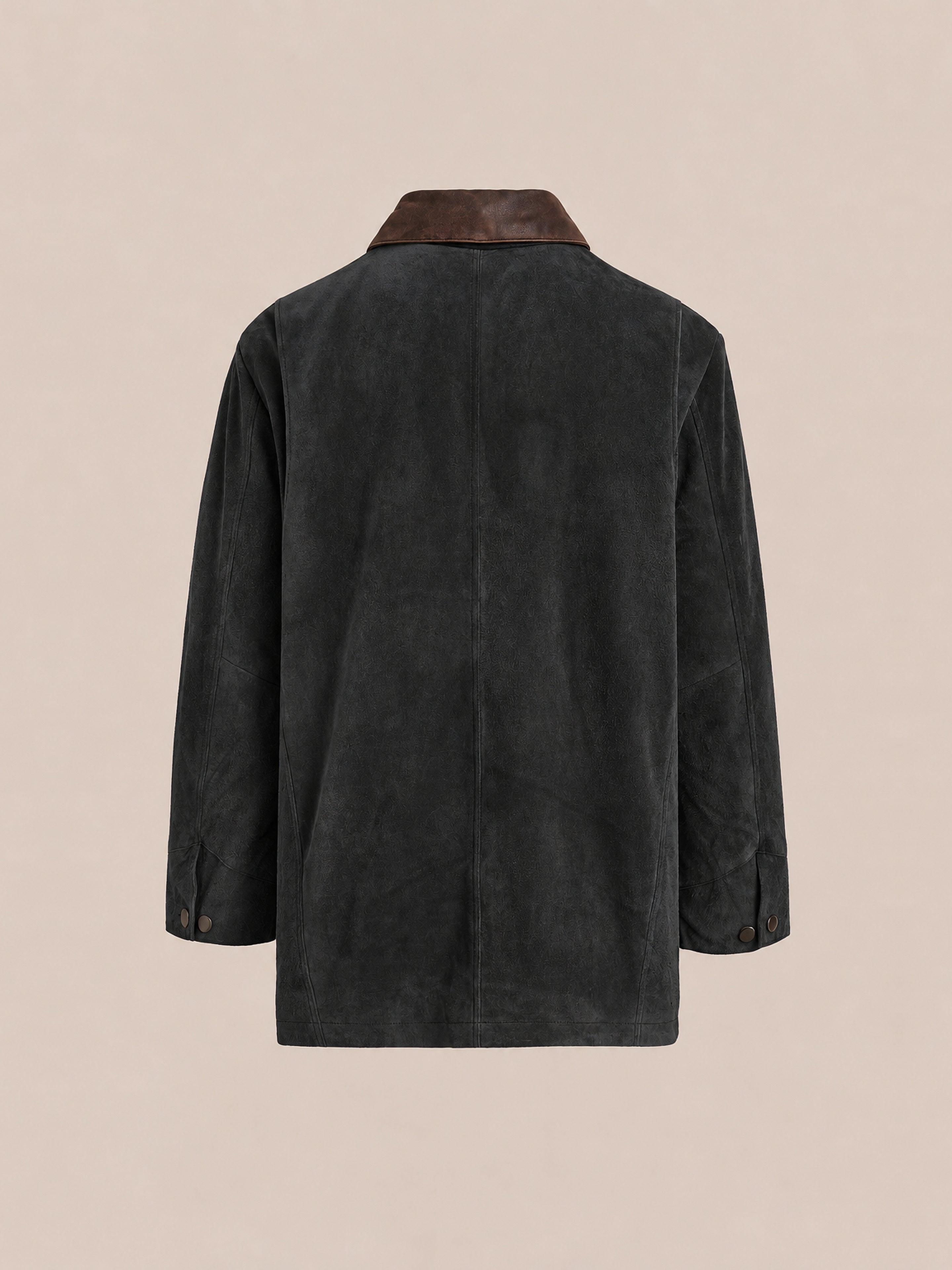 The FOUND Suede Contrast Barn Jacket features a vintage-inspired design with a brown collar, long sleeves, and buttoned cuffs, displayed from the back against a plain beige background.