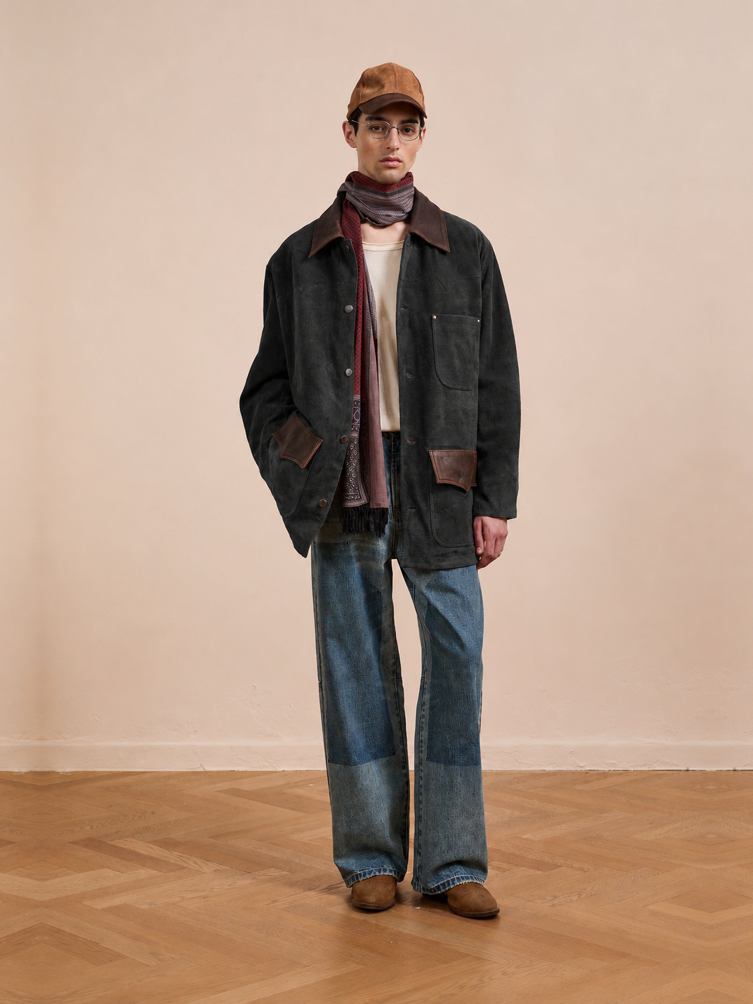 A person stands indoors on a wood floor with a plain beige wall behind, wearing the FOUND Suede Contrast Barn Jacket layered over a white shirt, paired with wide-leg jeans, brown shoes, a brown cap, and a maroon scarf.