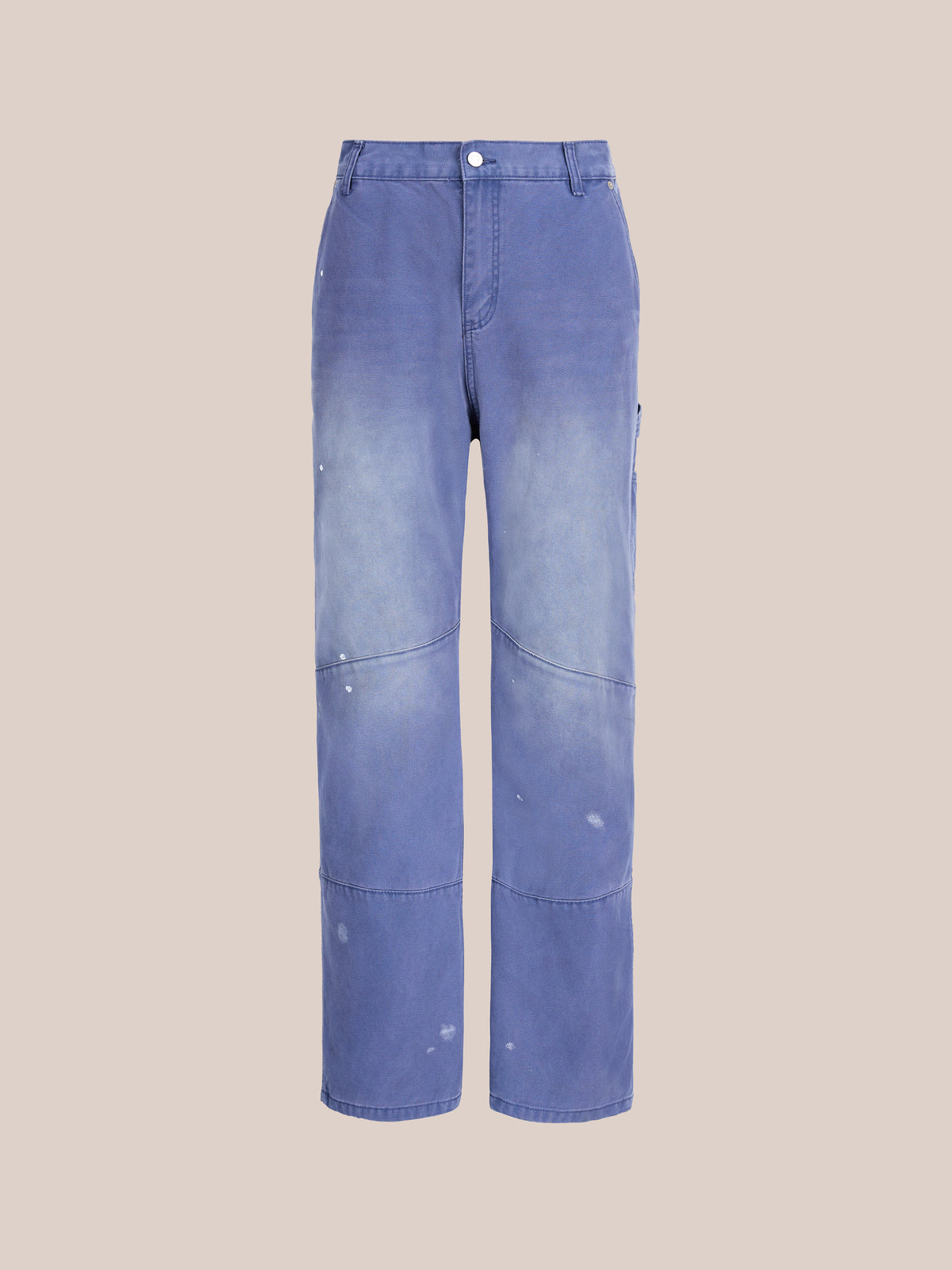 Sunbleached Utility Pants by FOUND feature a high waist, straight legs, subtle fading, and paint splatter for a vintage workwear look on a beige background.