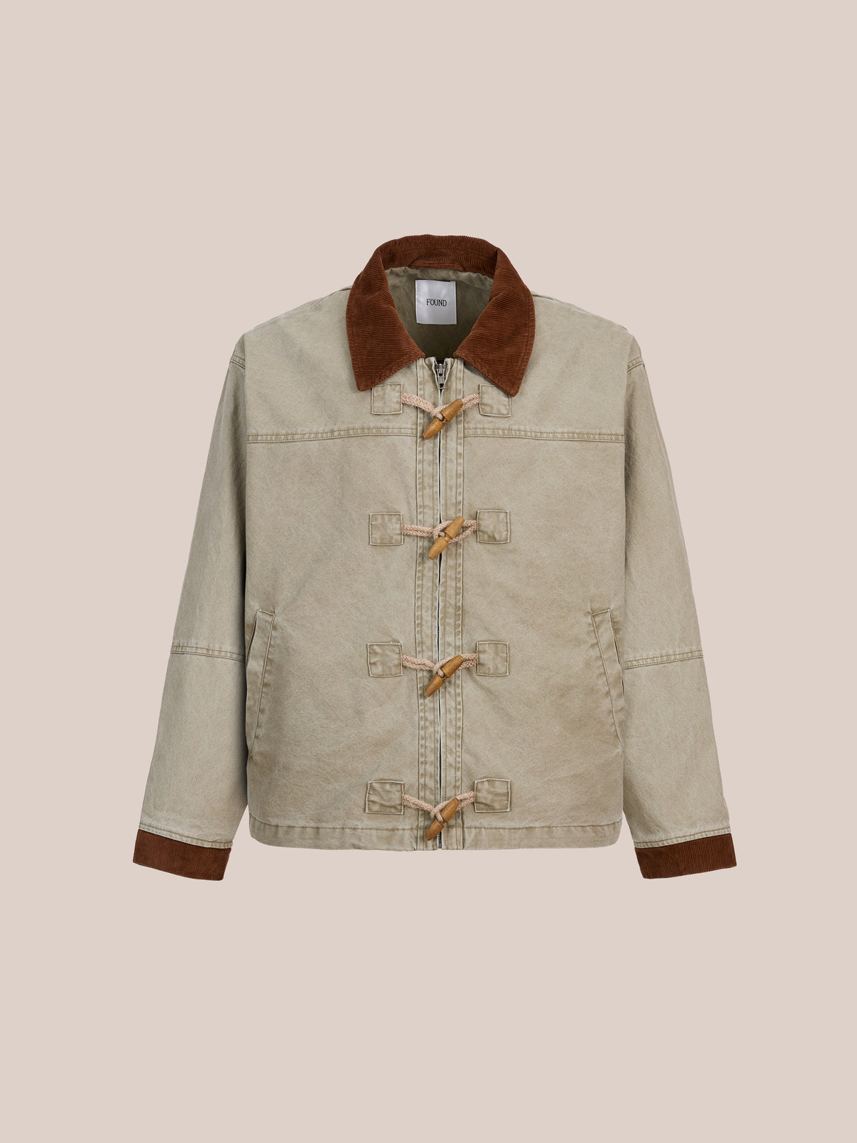 FOUND Toggle Work Jacket: Beige with brown collar/cuffs, vintage utility style, unisex relaxed fit, two front pockets; shown on a plain light background.