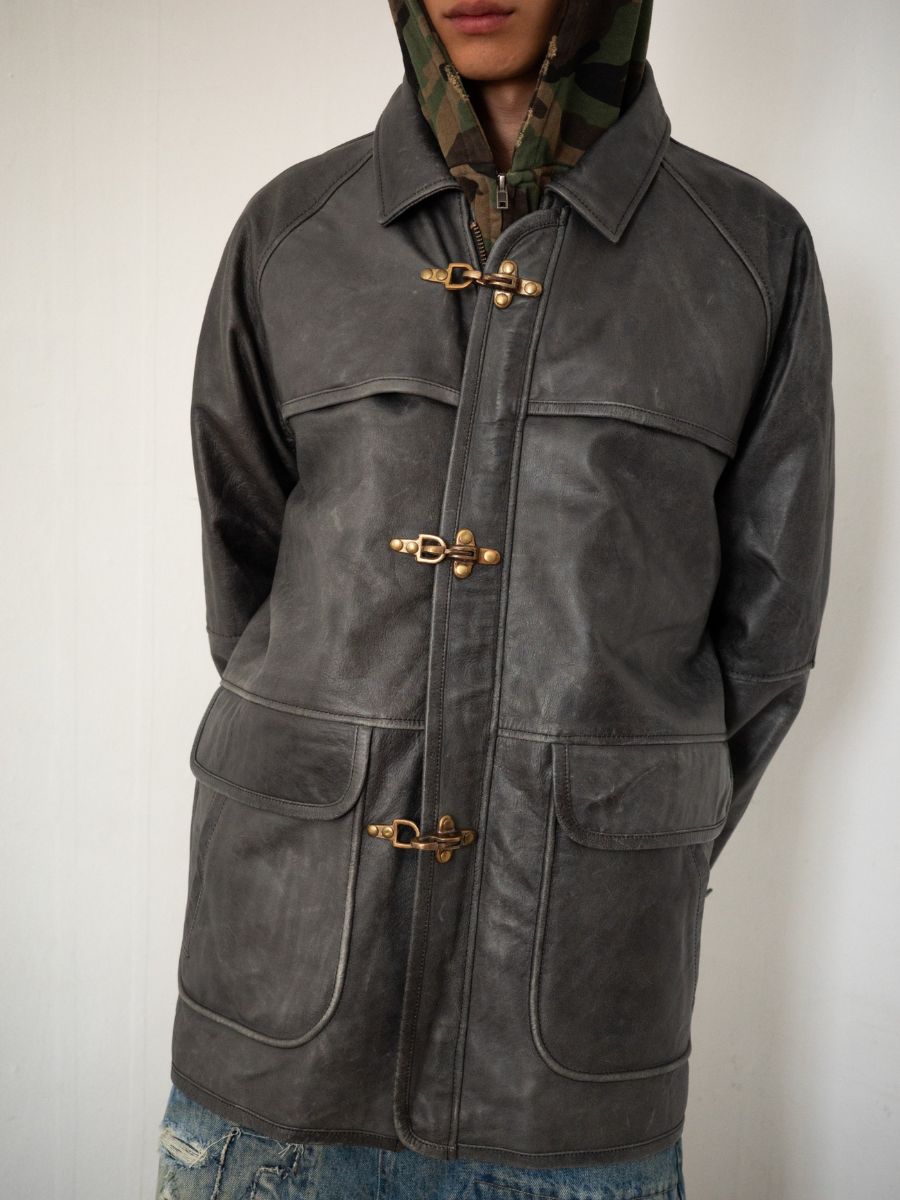 Distressed Leather Fireman Clasp Jacket