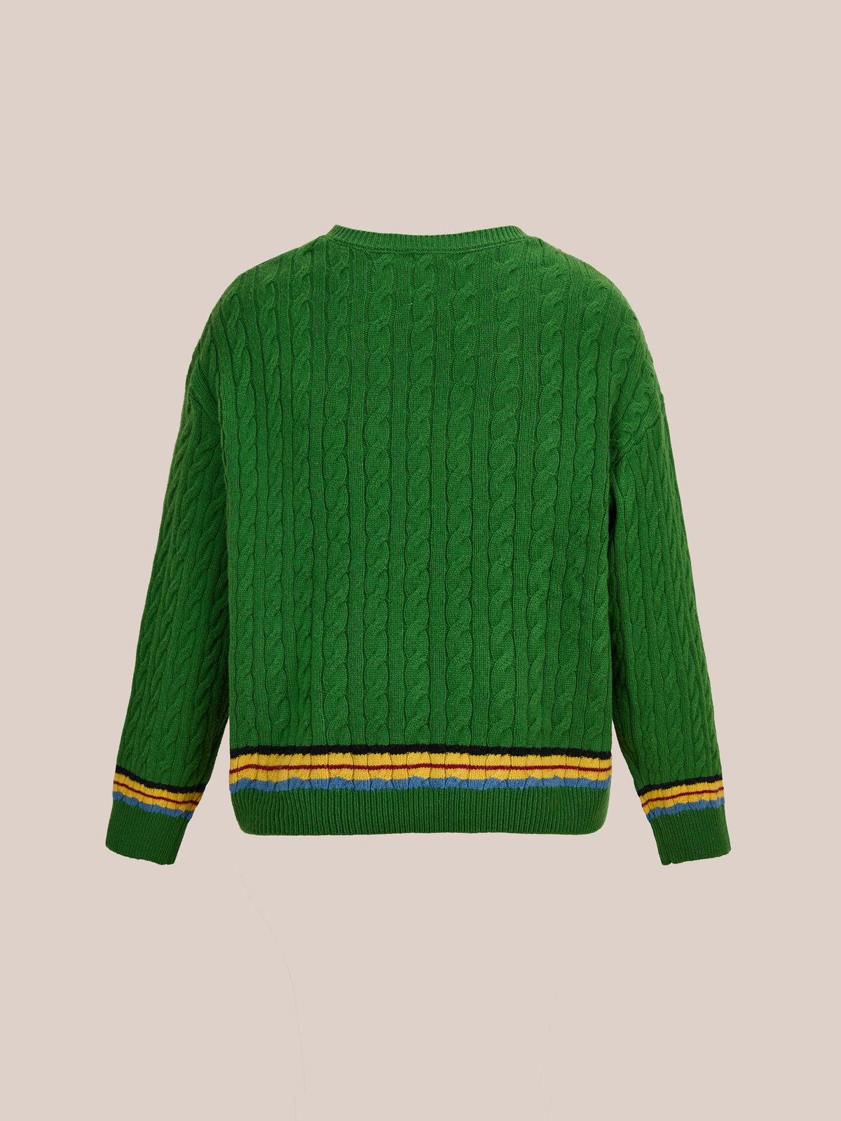 FOUND V-Neck Cricket Sweater in green with yellow, black, and white stripes at cuffs and hem, classic style, shown from the back on a beige background.
