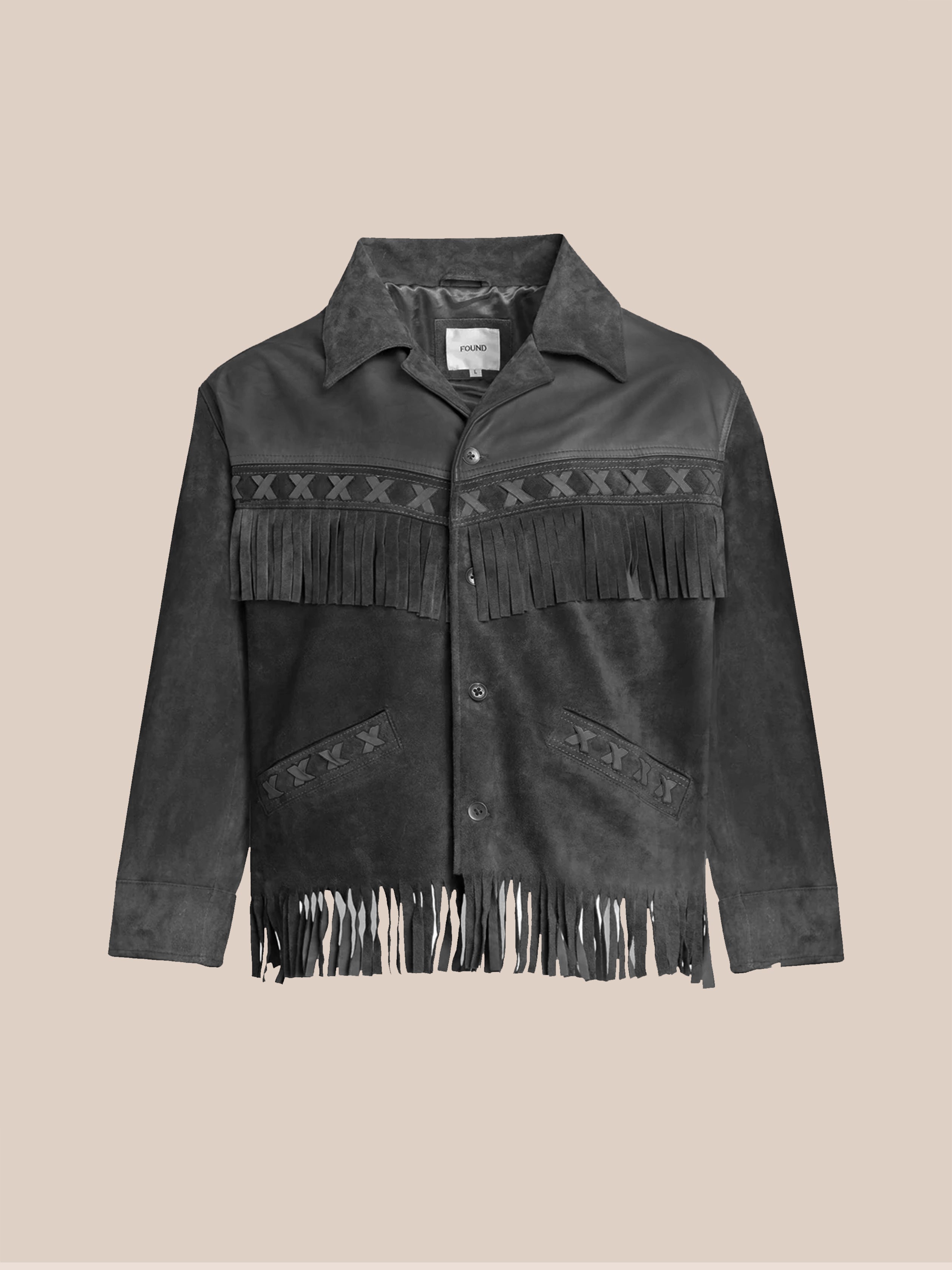 FOUND Two-Tone Western Fringe Suede Leather Jacket featuring button closure, decorative stitching, and fringe details on the chest and hem, displayed against a plain beige background.