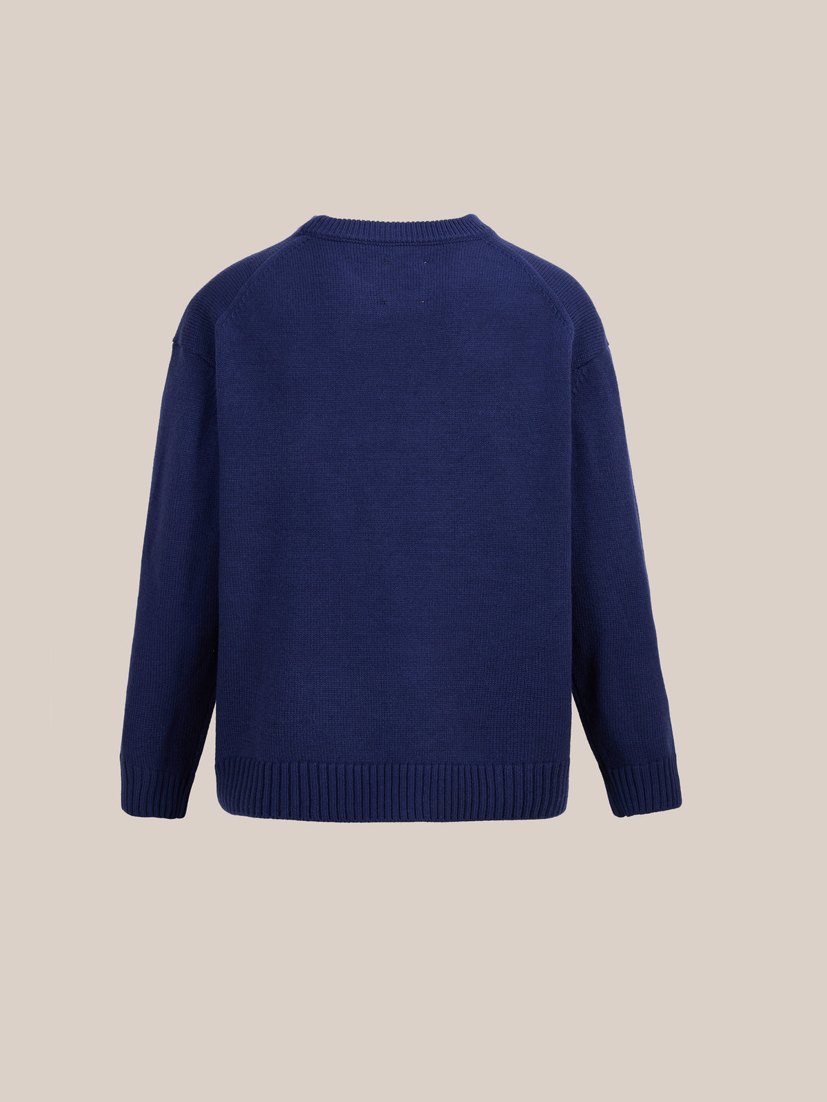 The Wildlife Knit Sweater by FOUND is a plain, navy blue unisex crewneck shown from the back against a beige background, with no visible design or patterns.