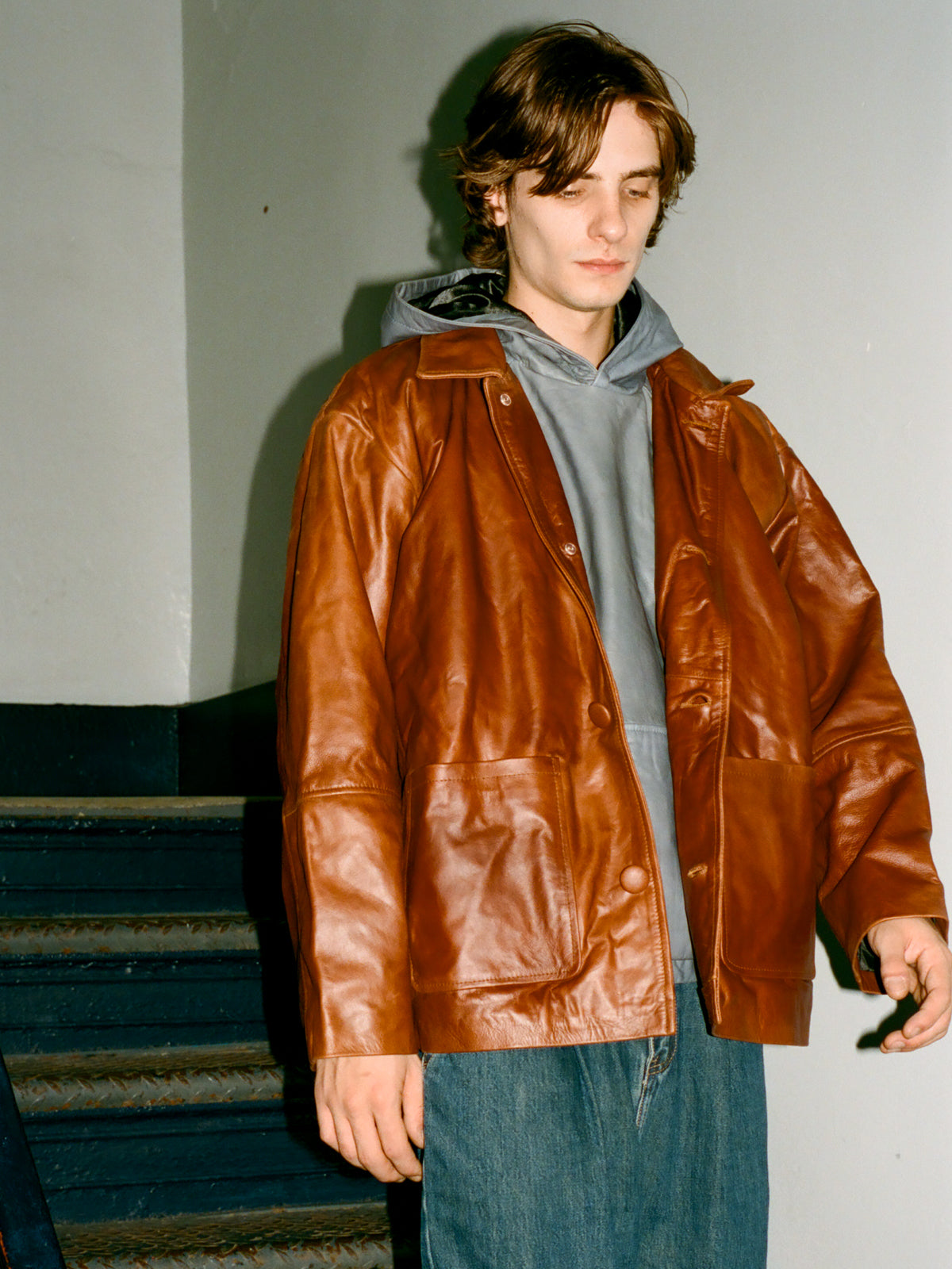 Double Layer Leather Hooded Jacket