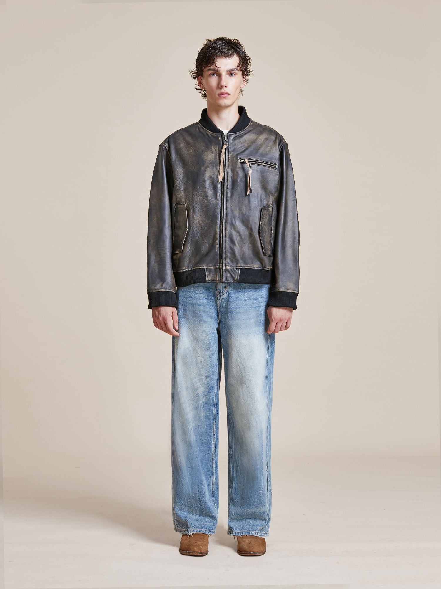 Distressed Leather Bomber Jacket