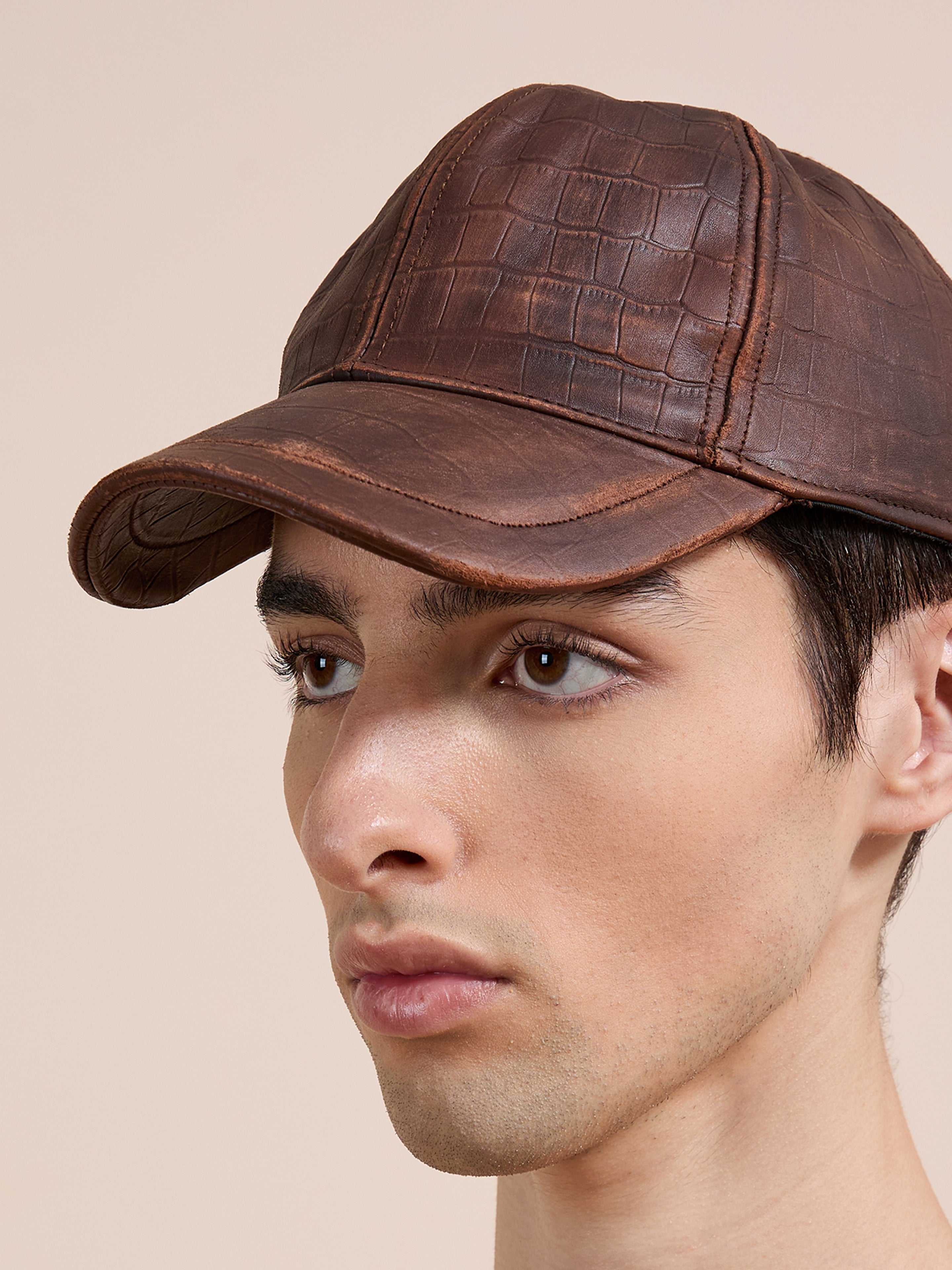atlast&co FIELD CAP BROWN 7 1/2 レザー キャップ Croc Embossed Distressed Leather Cap