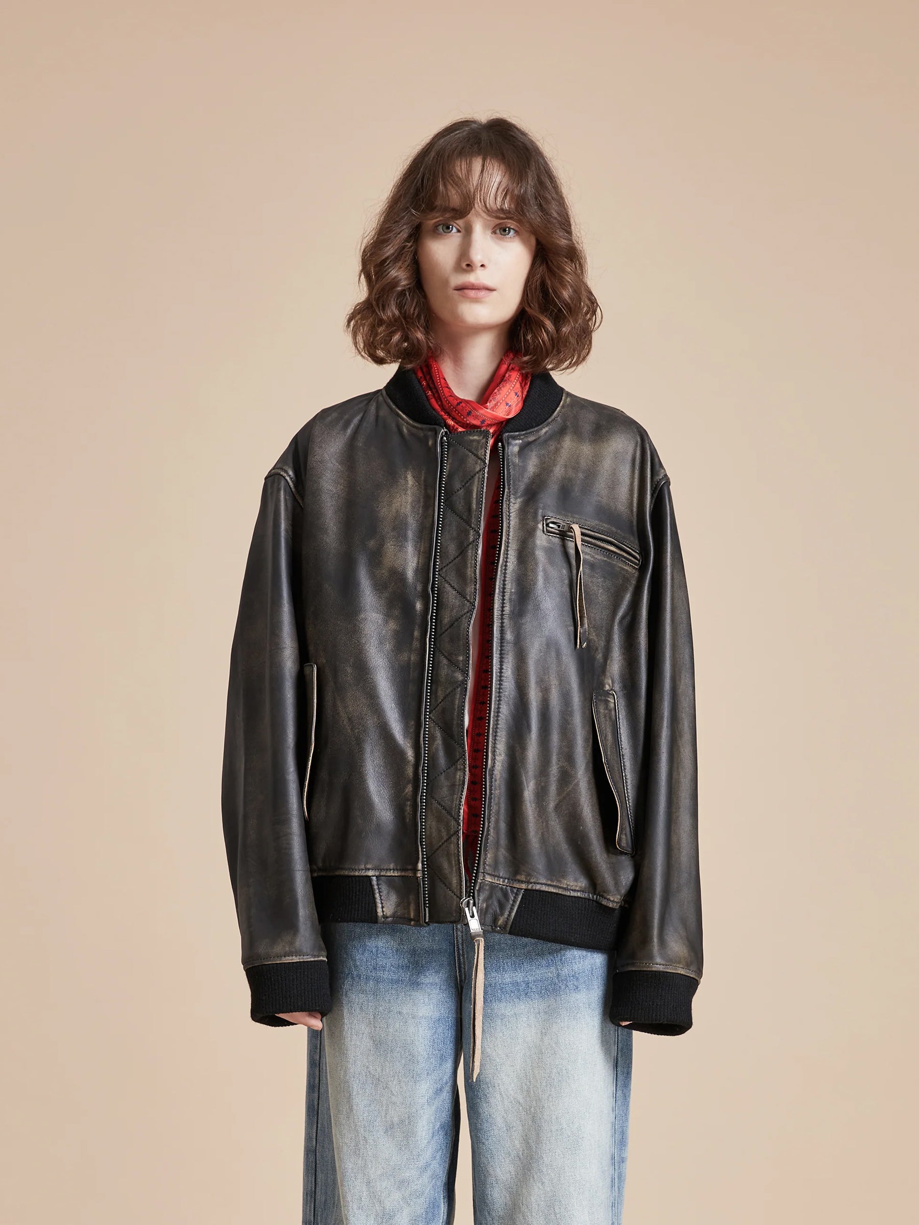 Distressed Leather Bomber Jacket