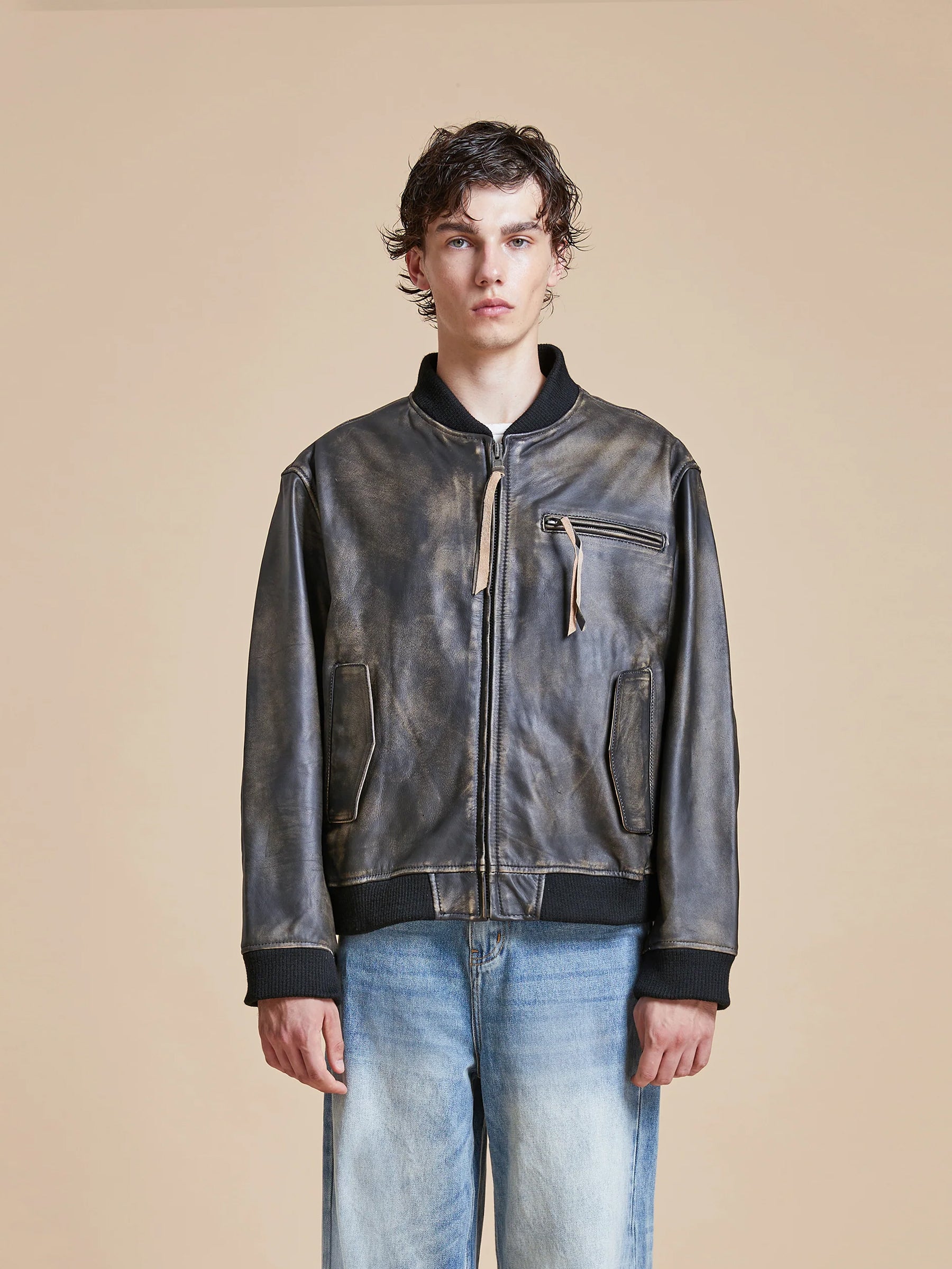 Distressed Leather Bomber Jacket