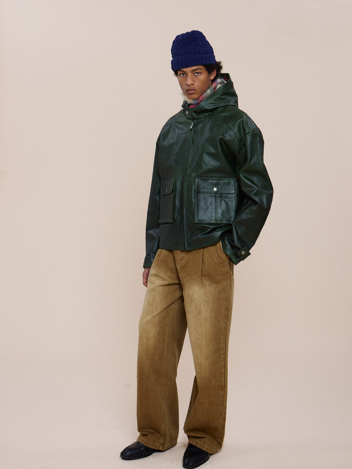 Distressed Leather Pocket Hoodie