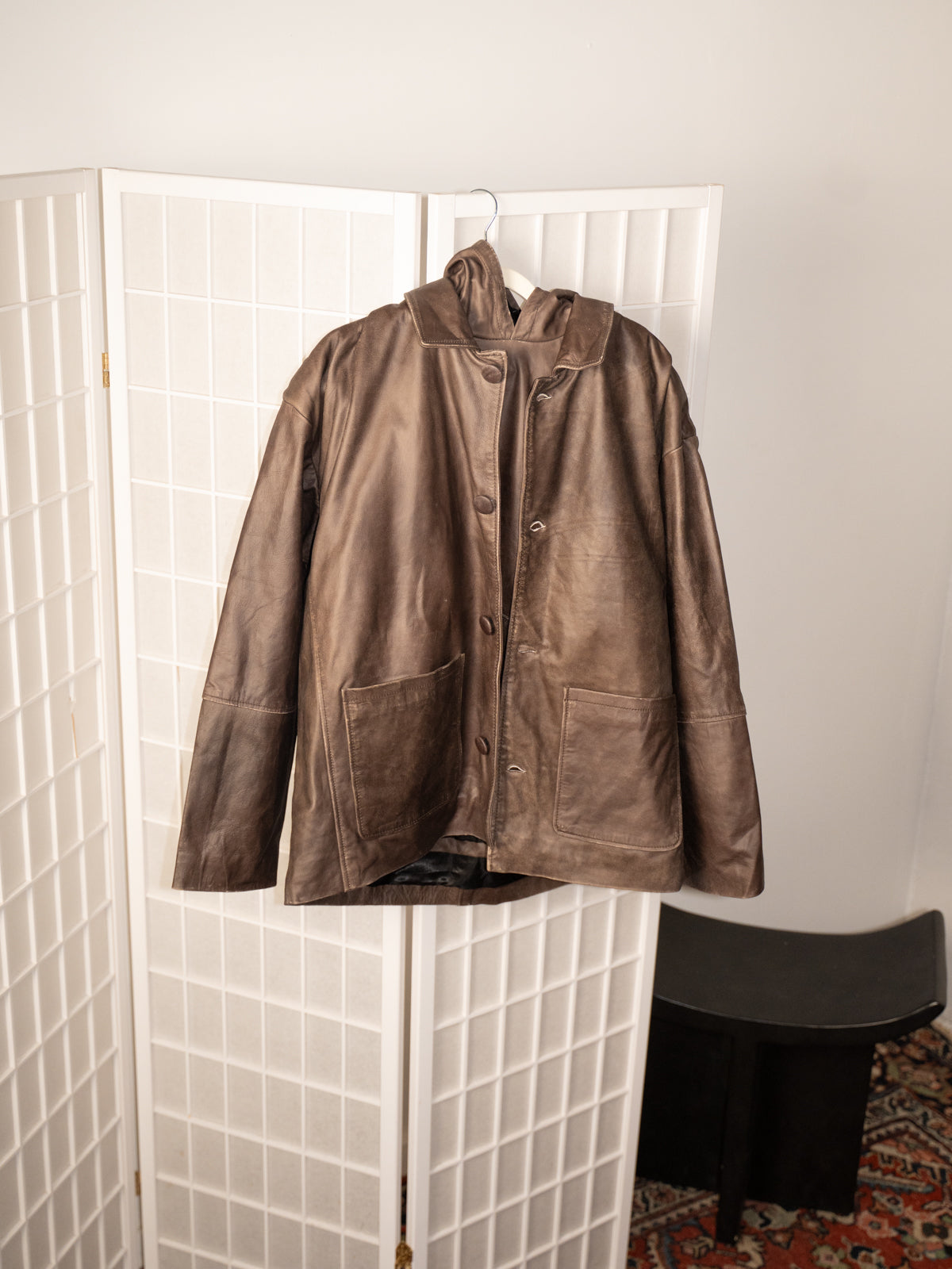 Double Layer Leather Hooded Jacket