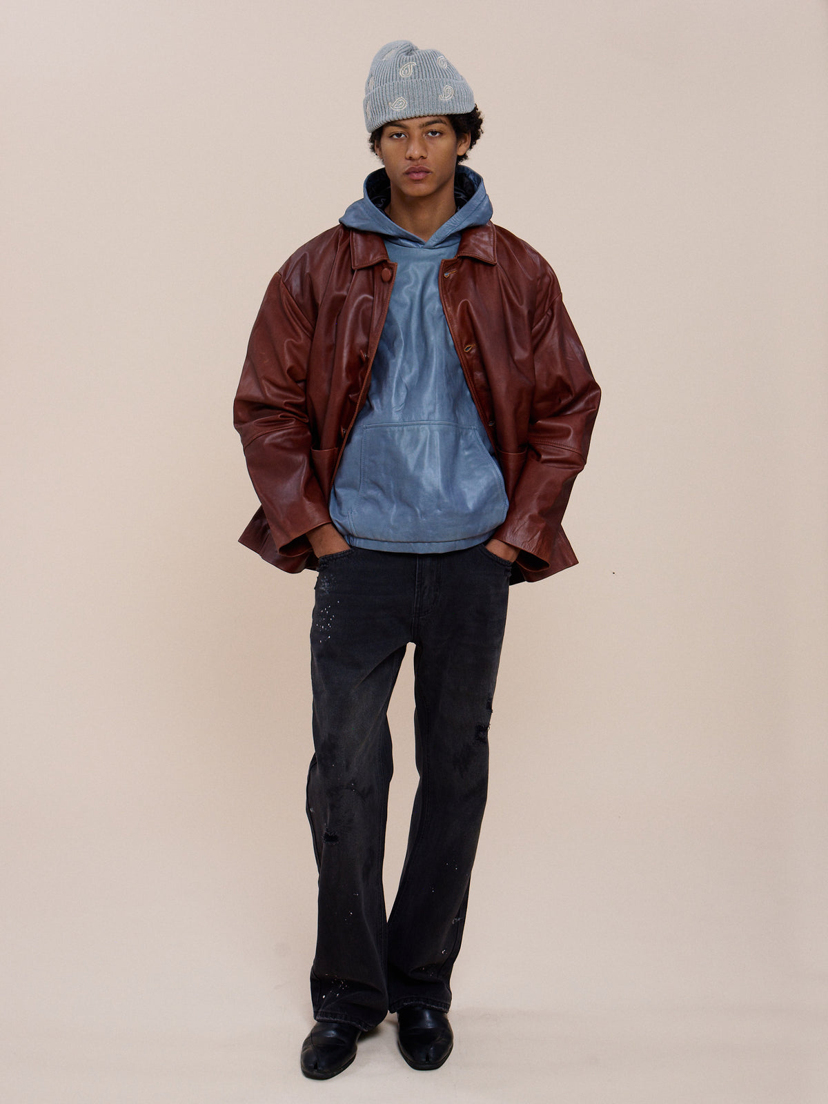 Double Layer Leather Hooded Jacket
