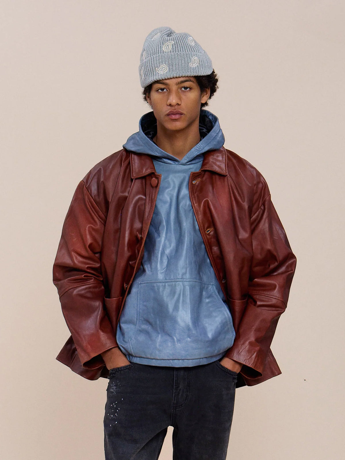 Double Layer Leather Hooded Jacket