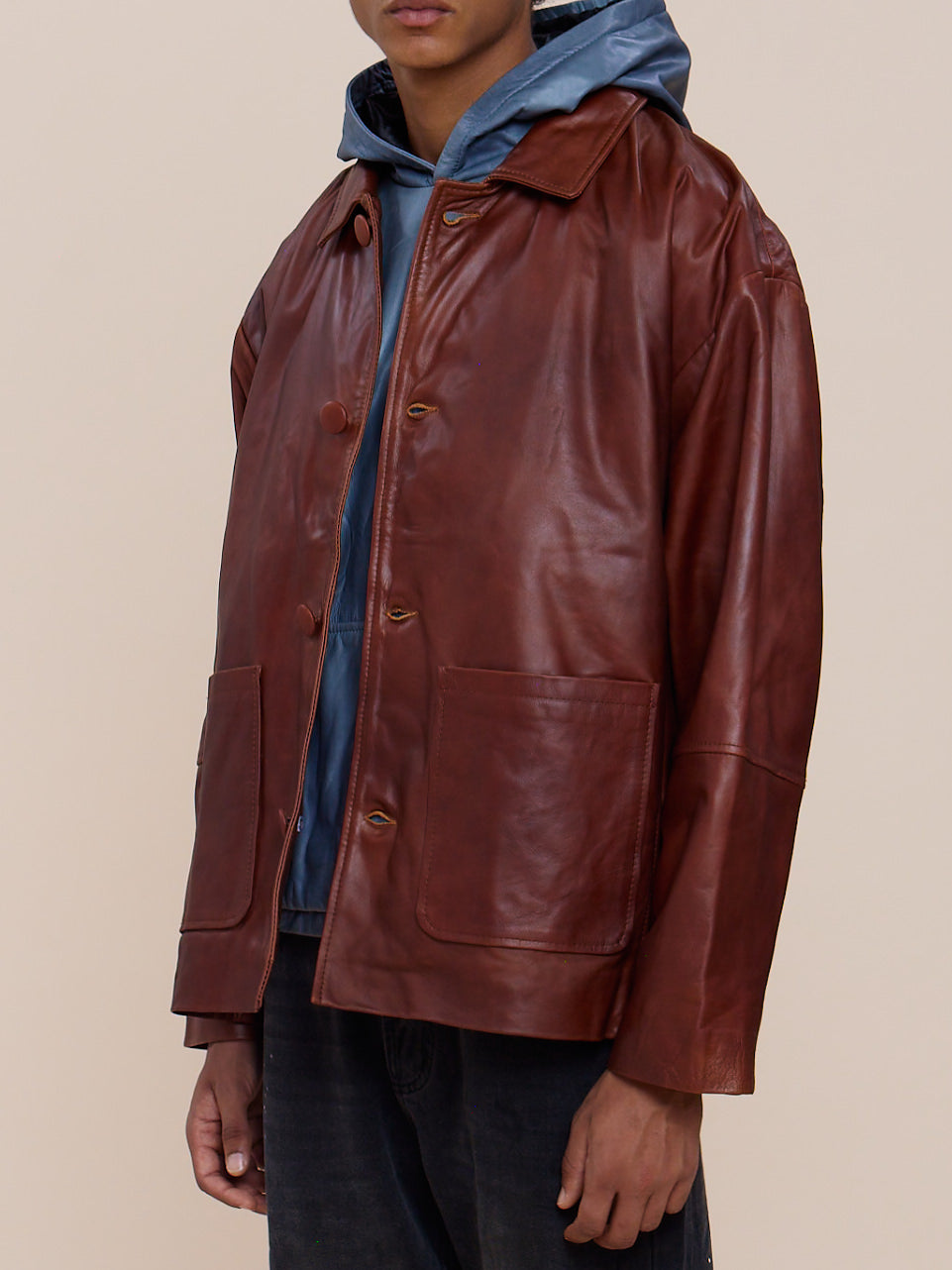 Double Layer Leather Hooded Jacket