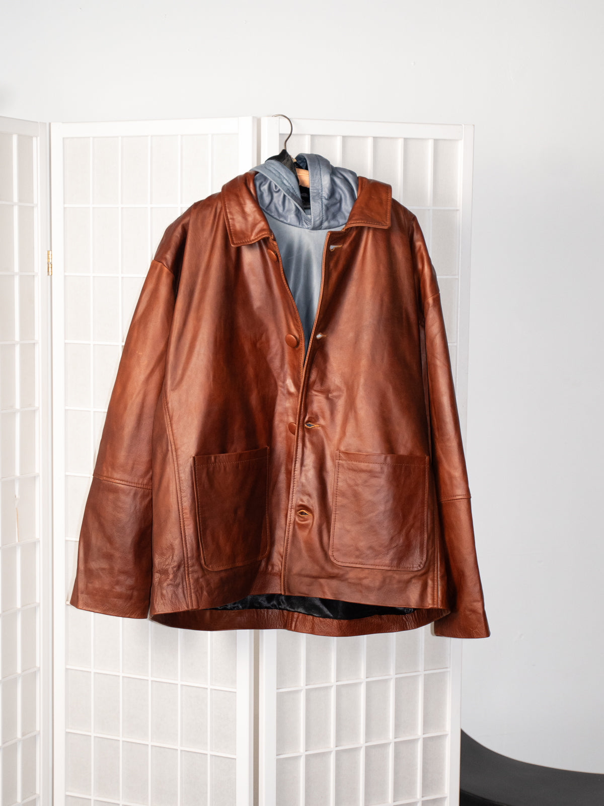 Double Layer Leather Hooded Jacket