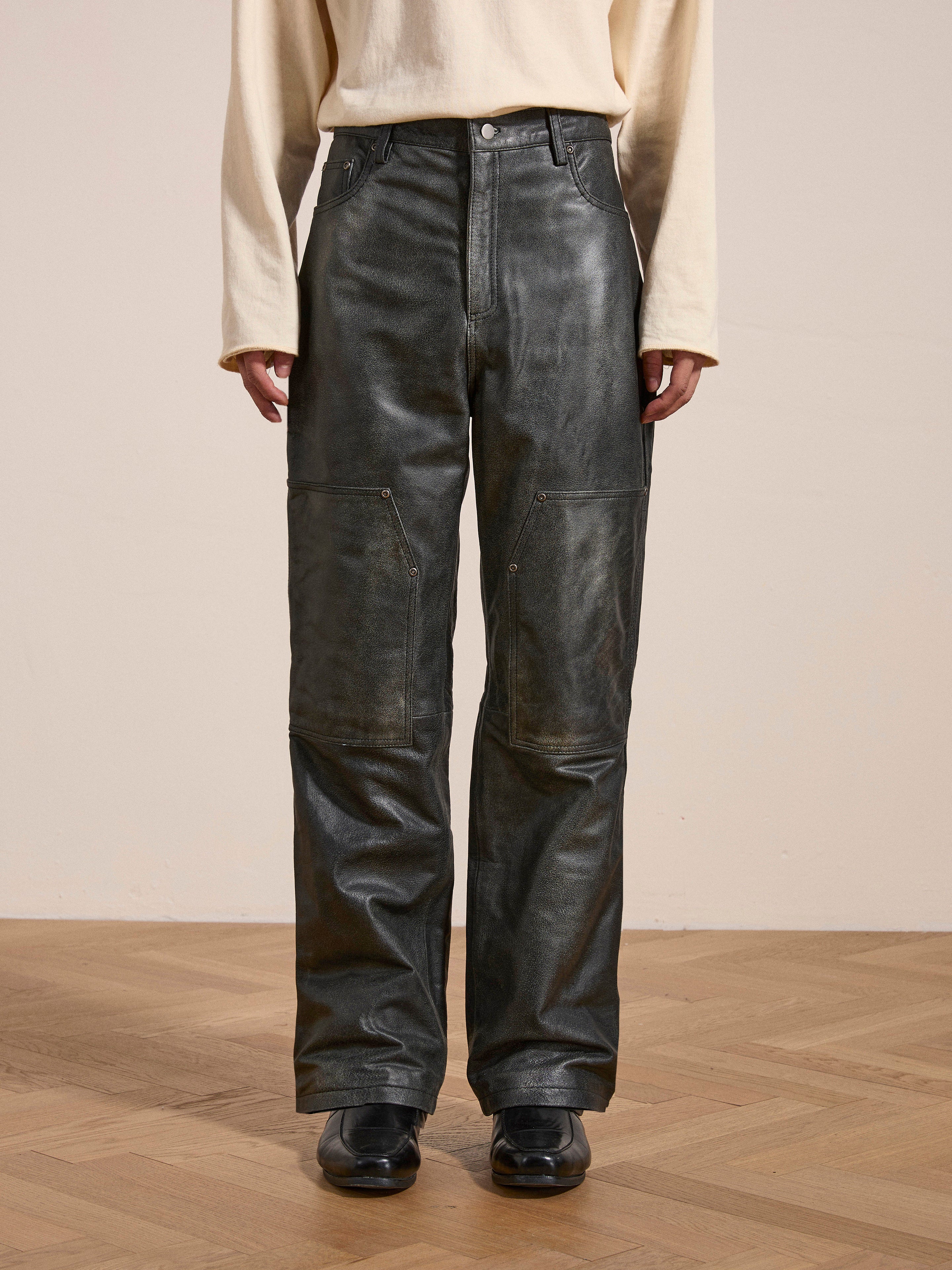 Distressed Genuine Leather Carpenter Pants