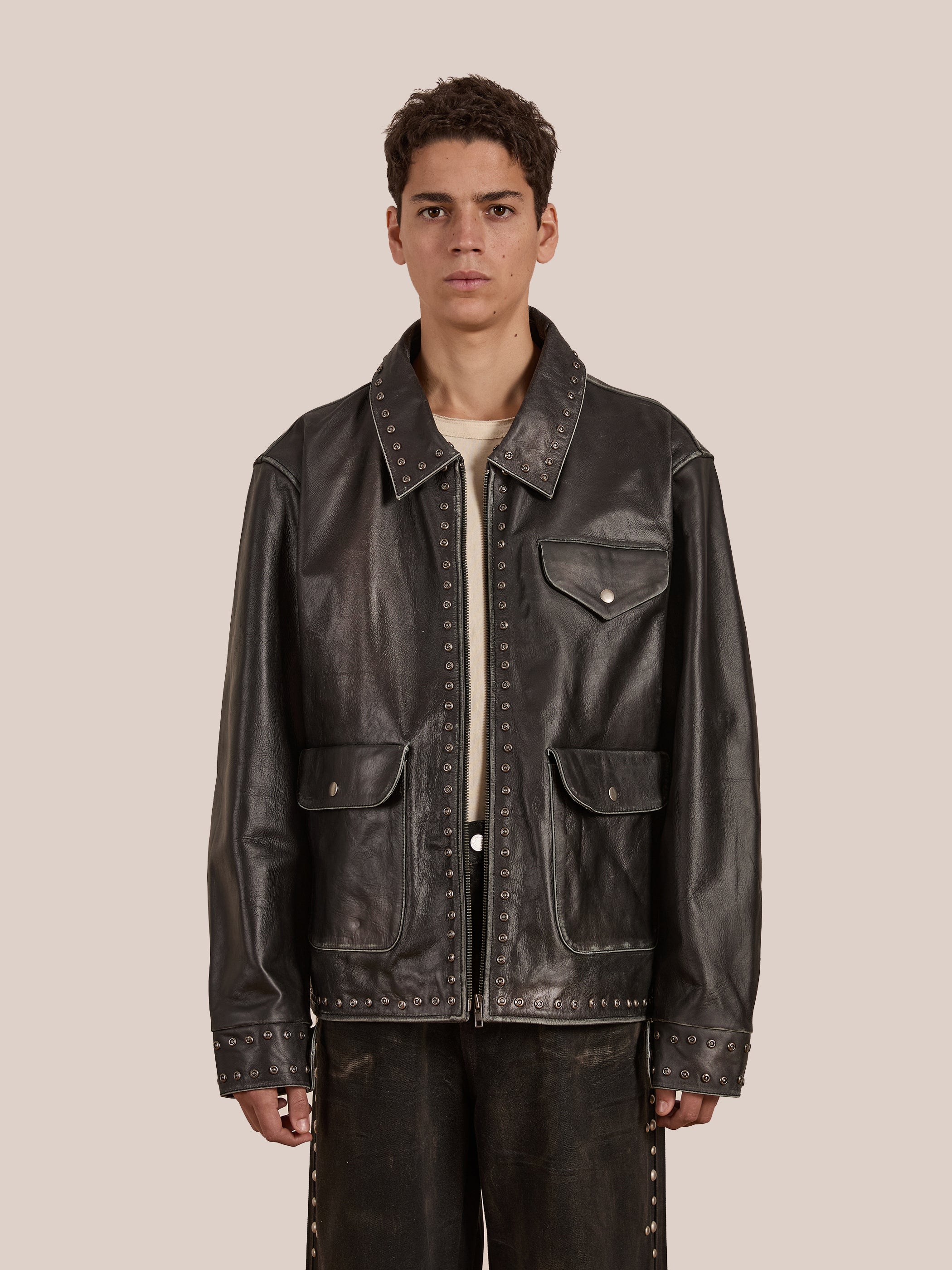 Studded Leather Pocket Jacket