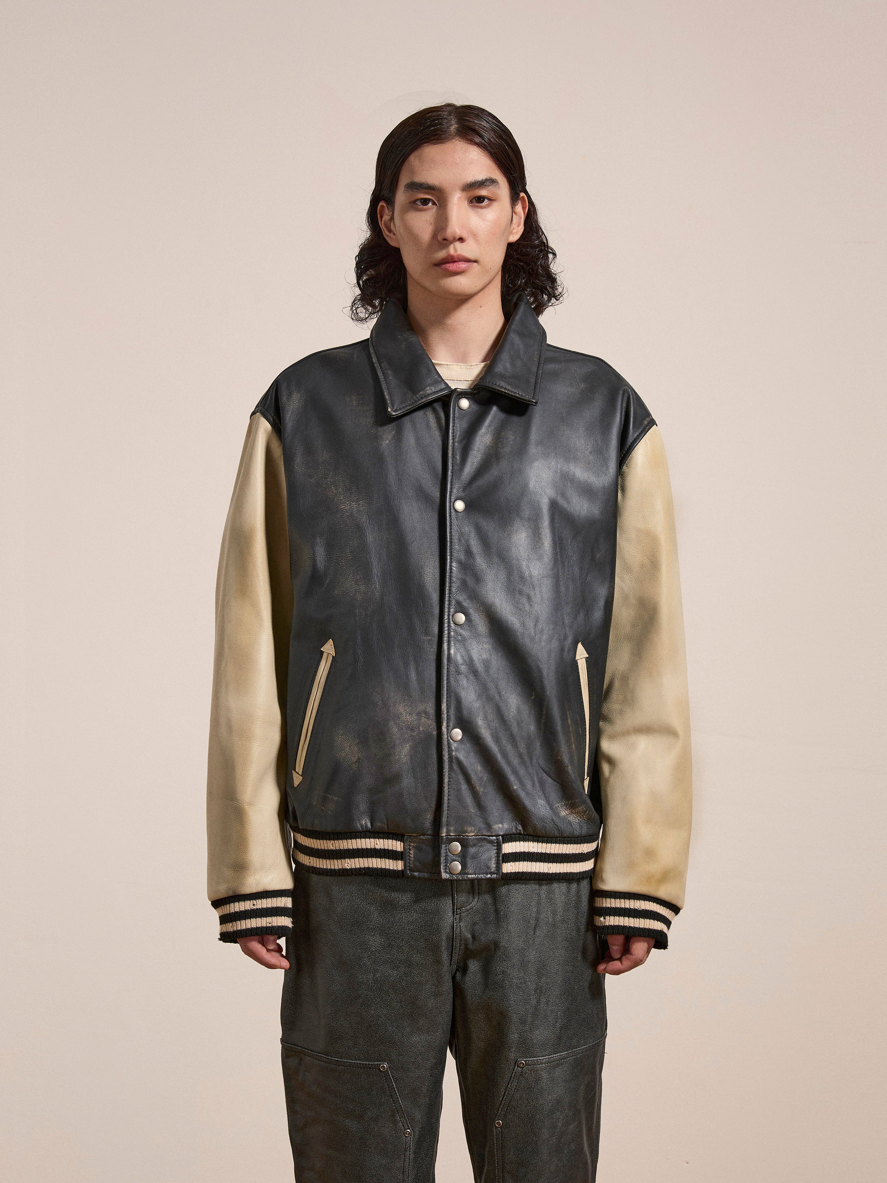 ジャケット・アウター MINEDENIM Rusty Calf Leather Varsity Jac Logan Distressed Leather Varsity Jacket