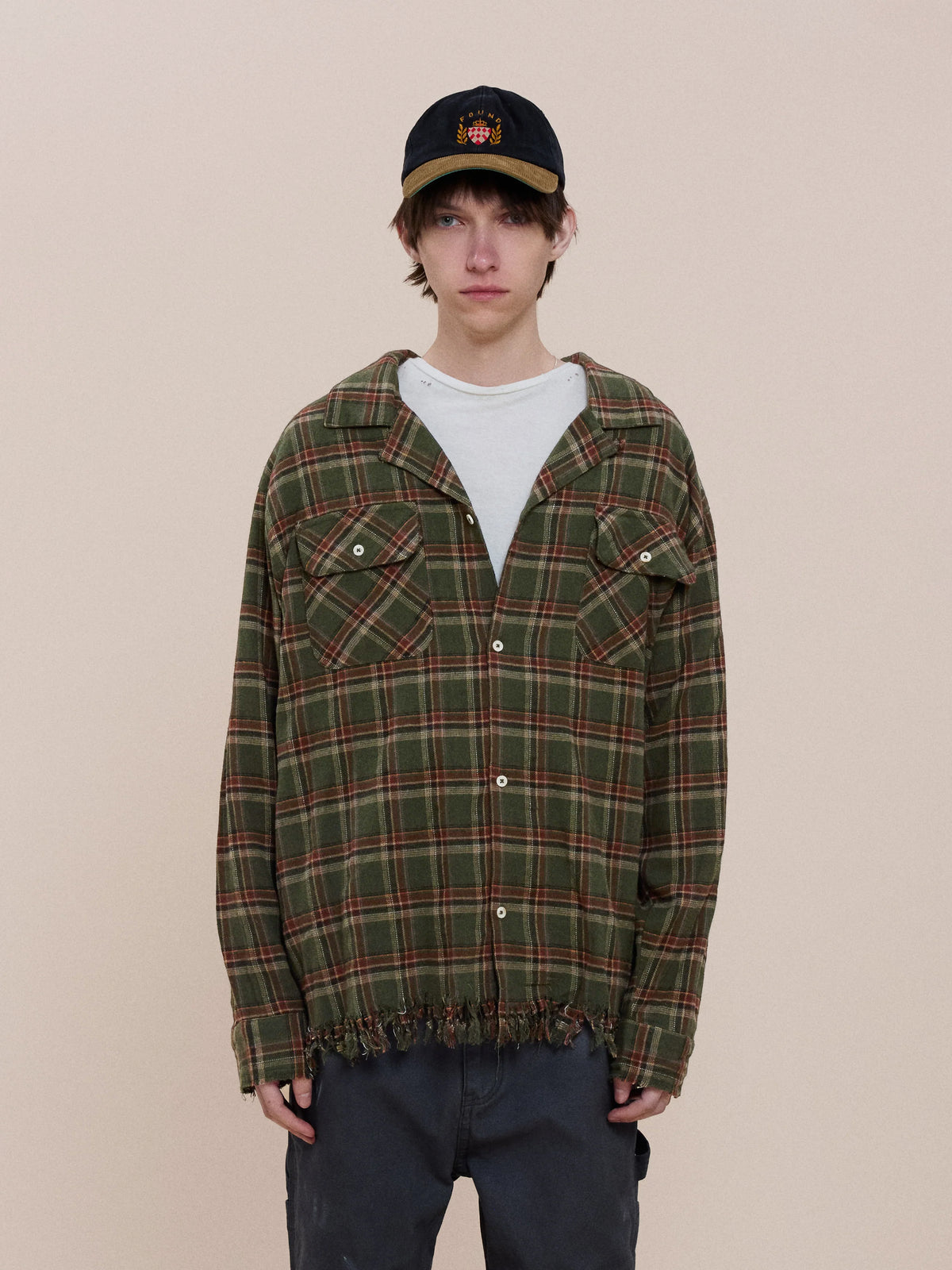 Raw Cut Fringe Plaid Camp Shirt