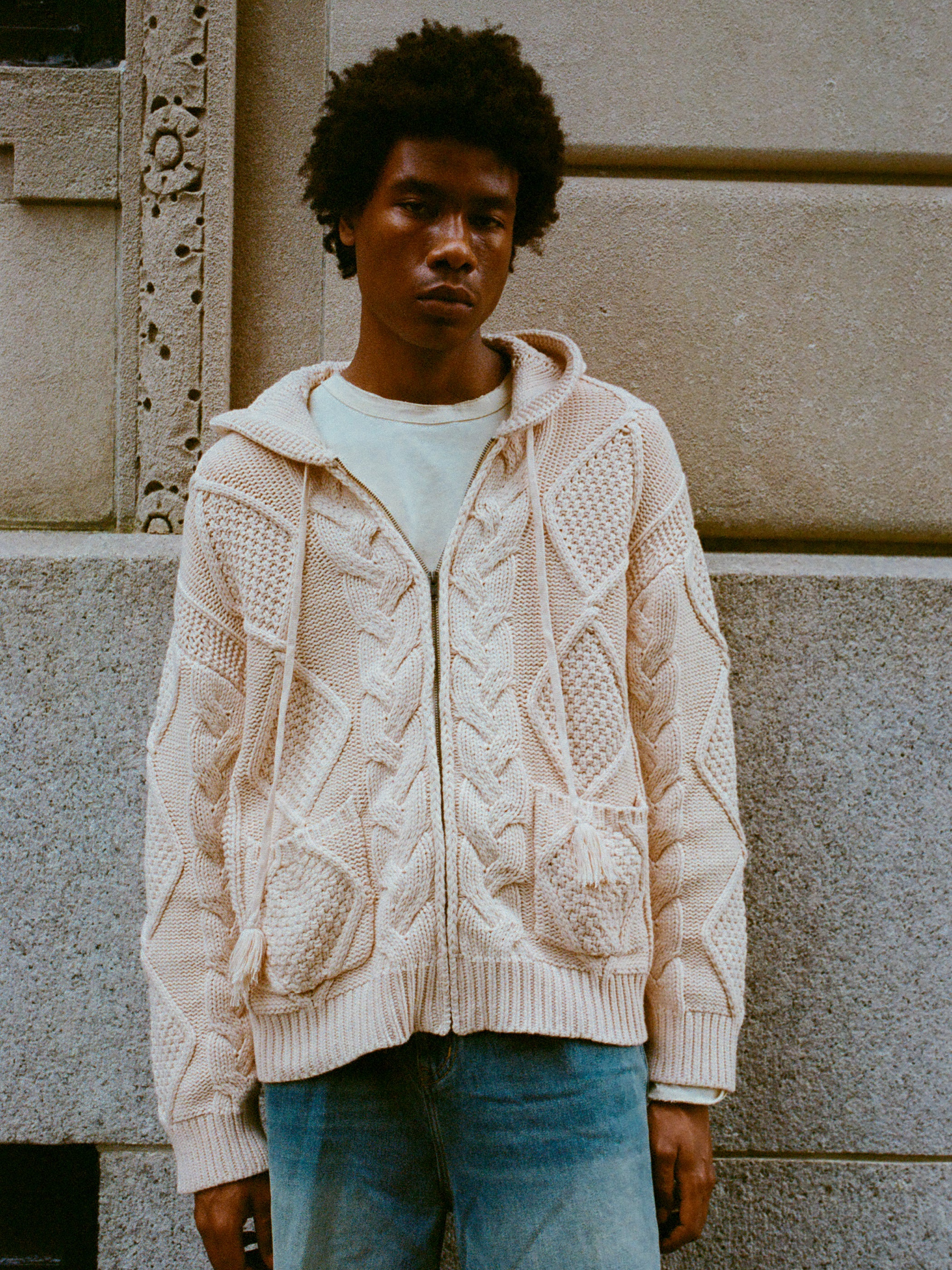 【Elanque】 knit zipup hoodie Zip Up Cable Knit Hoodie
