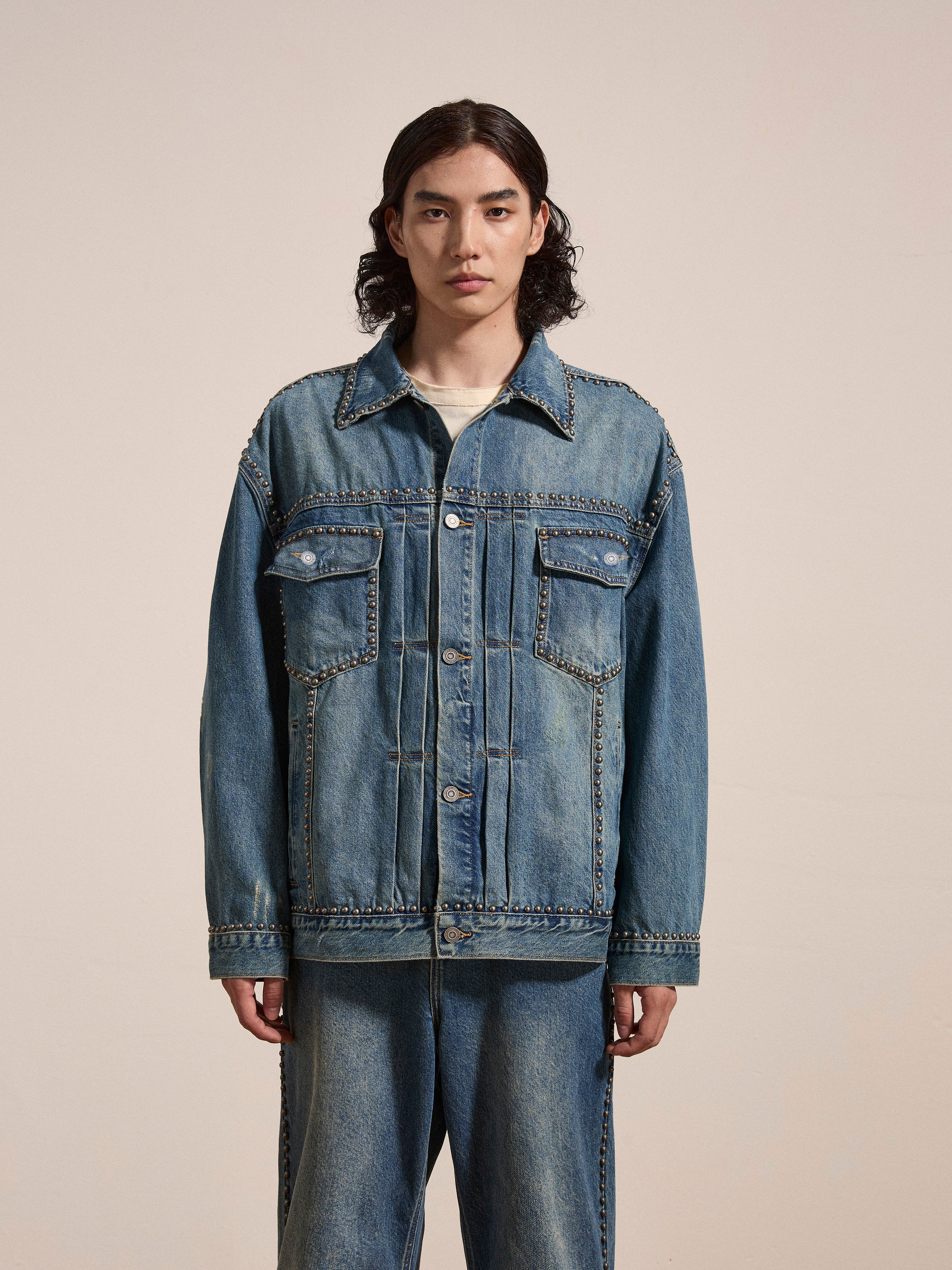 Azar Studded Denim Trucker Jacket